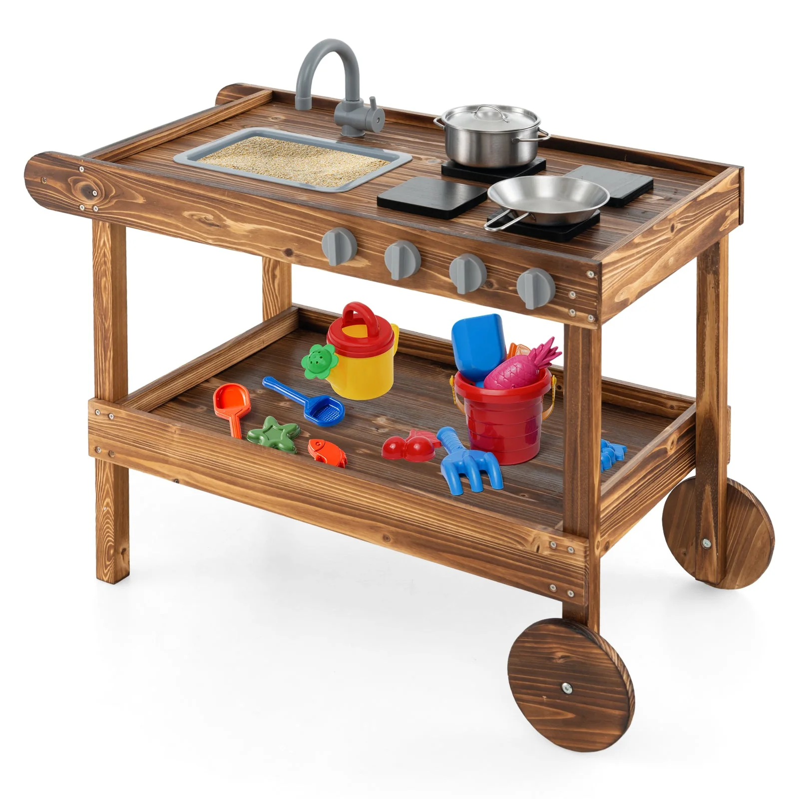 Outdoor Movable Mud Kitchen with 2 Rolling Wheels and 1 Push Handle-Natural - Image 3