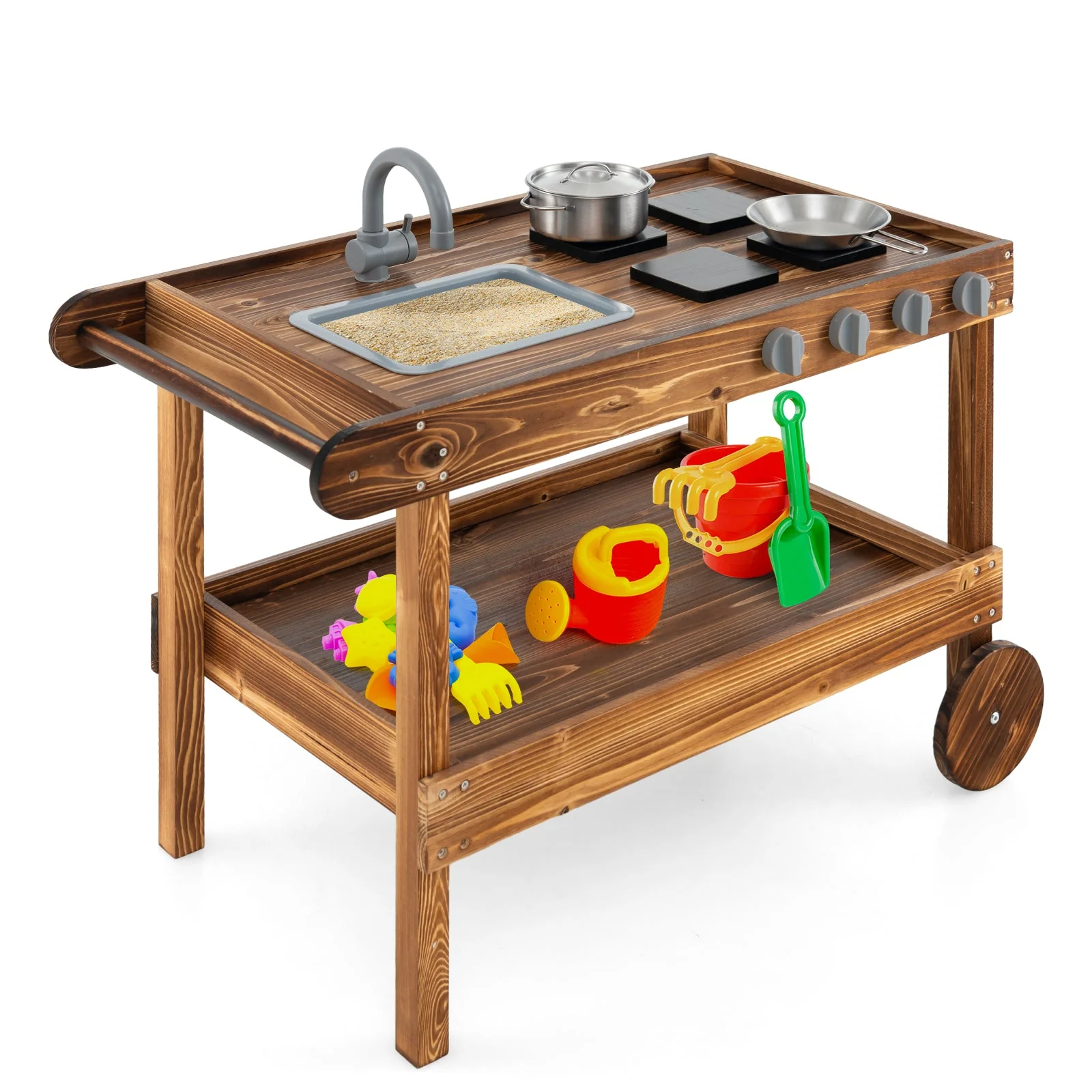 Outdoor Movable Mud Kitchen with 2 Rolling Wheels and 1 Push Handle-Natural - Image 4