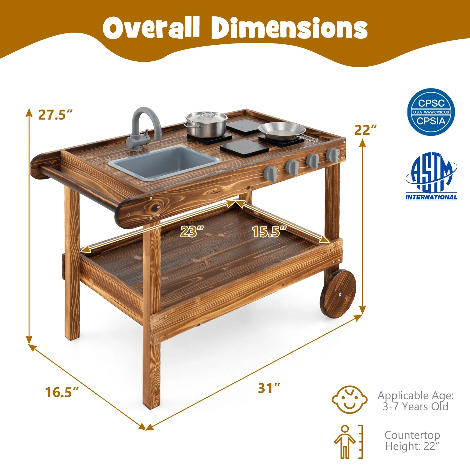Outdoor Movable Mud Kitchen with 2 Rolling Wheels and 1 Push Handle-Natural - Image 5