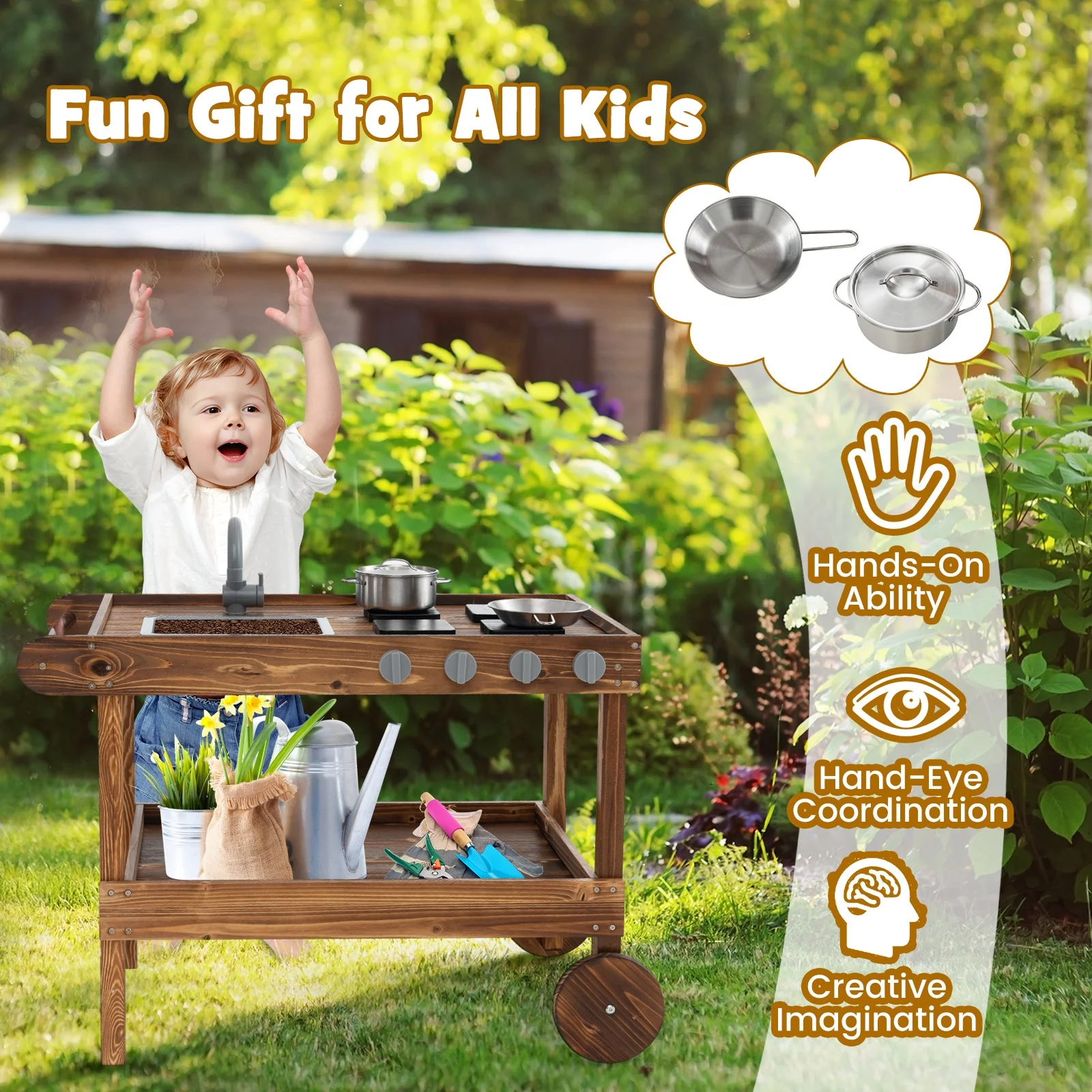 Outdoor Movable Mud Kitchen with 2 Rolling Wheels and 1 Push Handle-Natural - Image 6