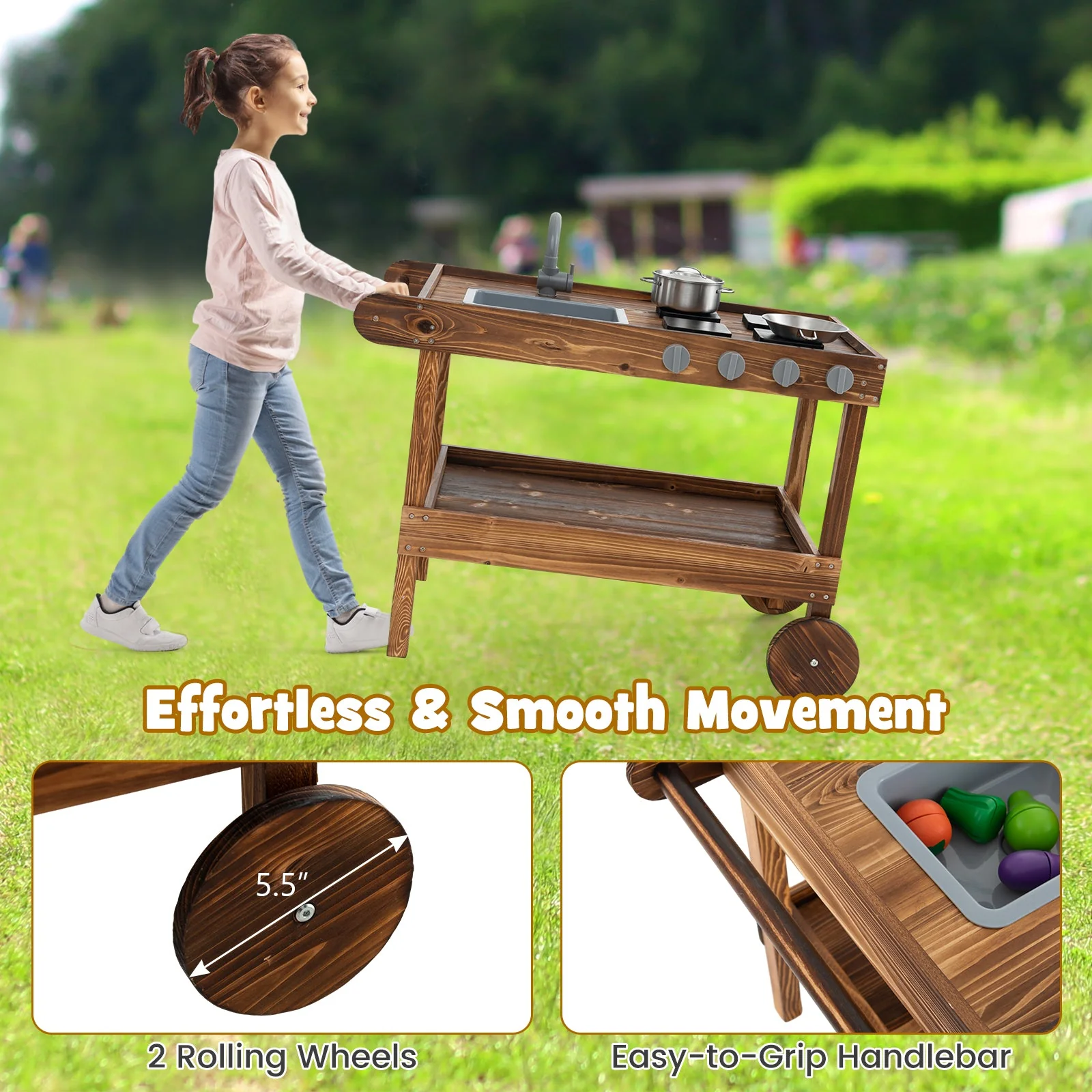Outdoor Movable Mud Kitchen with 2 Rolling Wheels and 1 Push Handle-Natural - Image 8