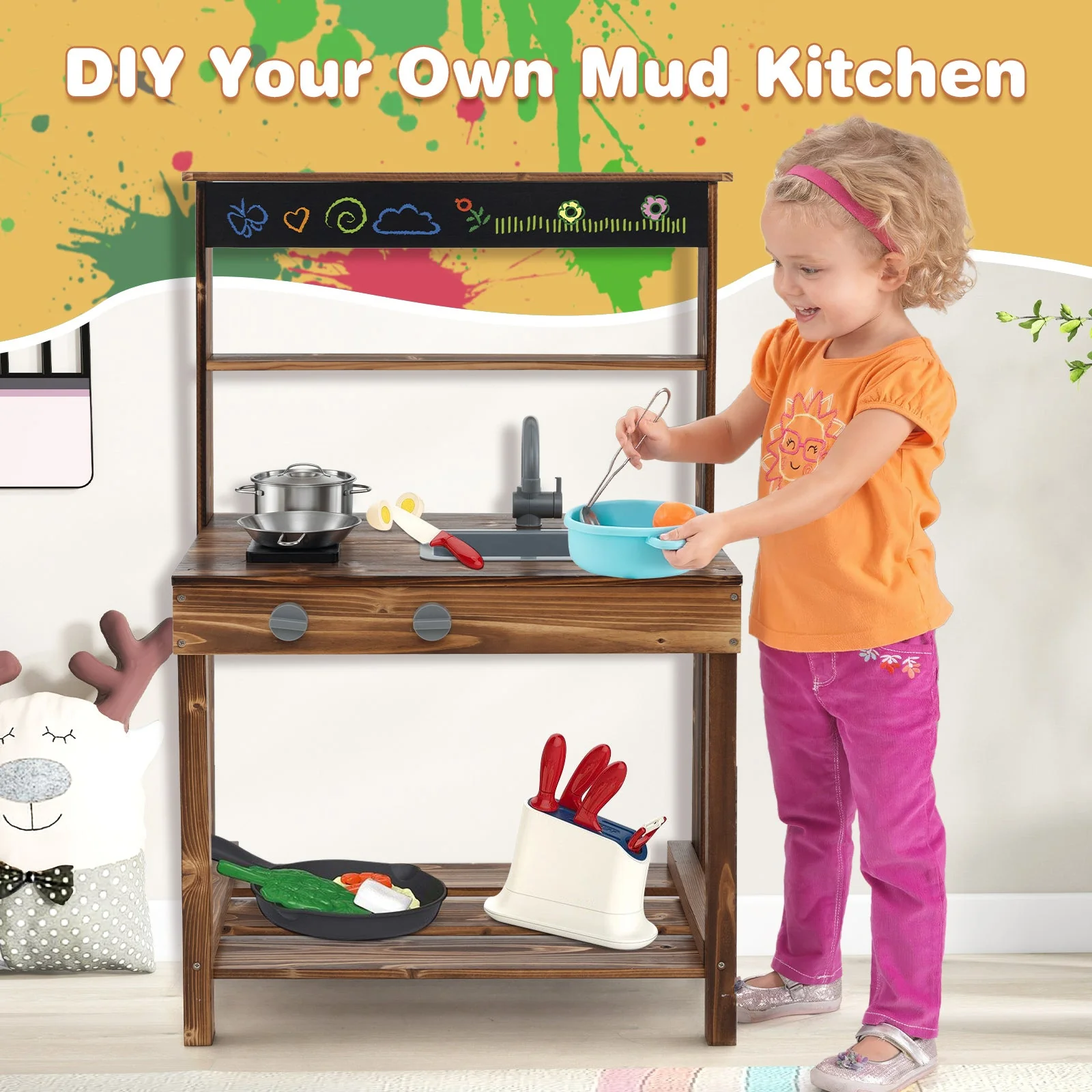 Outdoor Mud Kitchen for Kids with Rotatable Faucet and Removable Sink-Natural - Image 2
