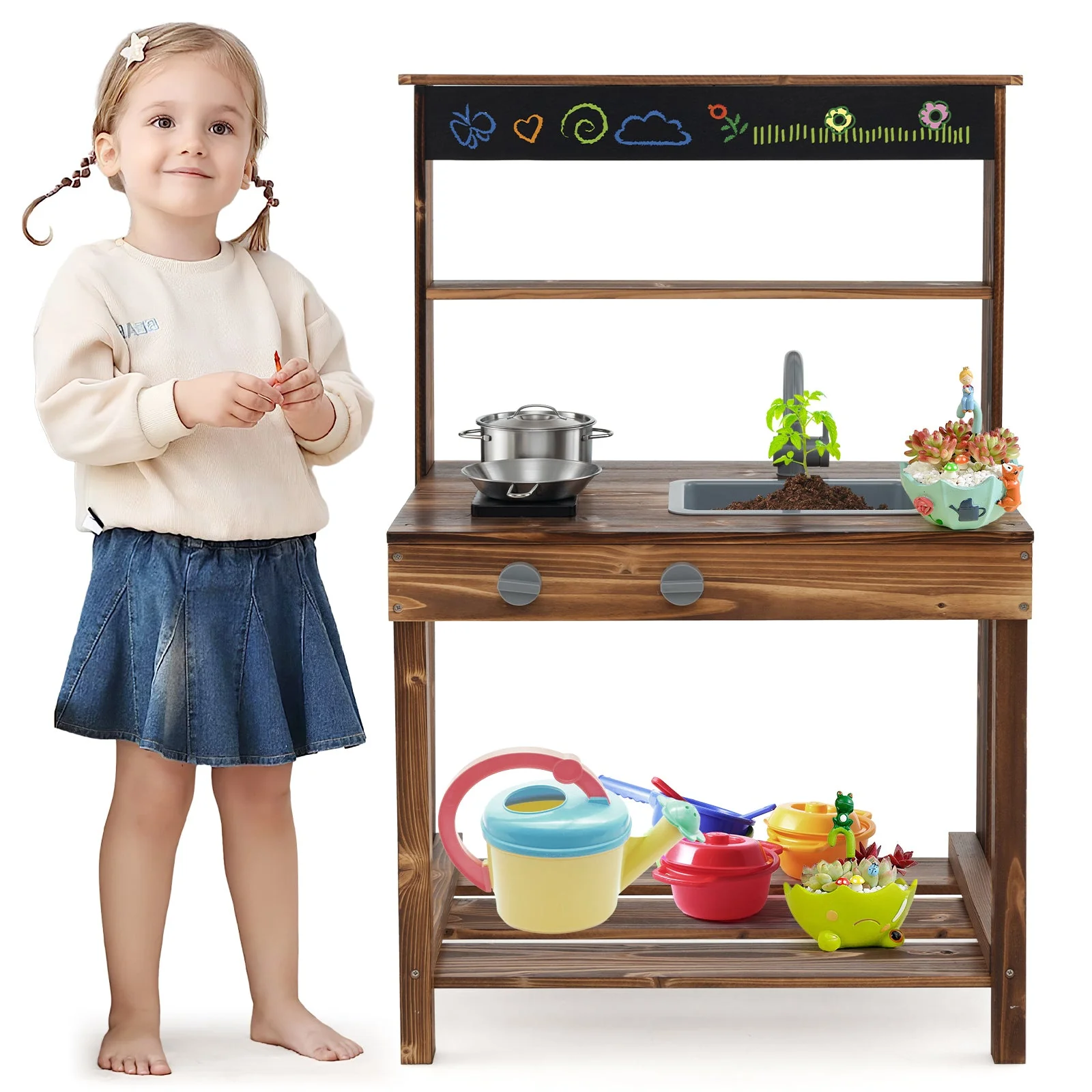 Outdoor Mud Kitchen for Kids with Rotatable Faucet and Removable Sink-Natural - Image 4