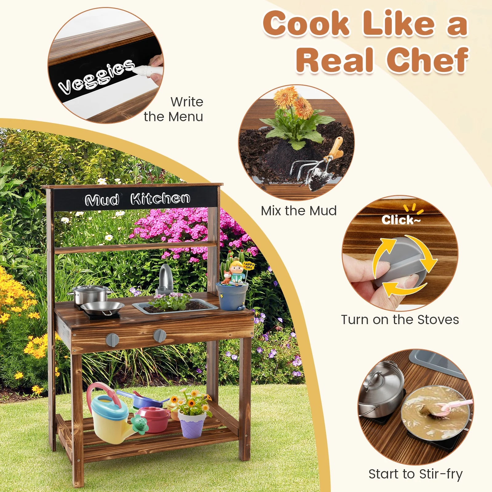 Outdoor Mud Kitchen for Kids with Rotatable Faucet and Removable Sink-Natural - Image 6