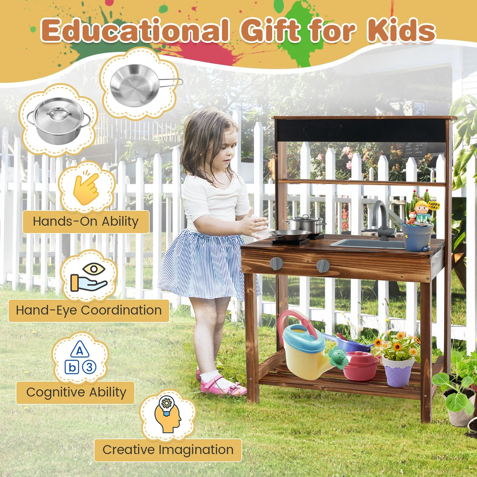 Outdoor Mud Kitchen for Kids with Rotatable Faucet and Removable Sink-Natural - Image 7