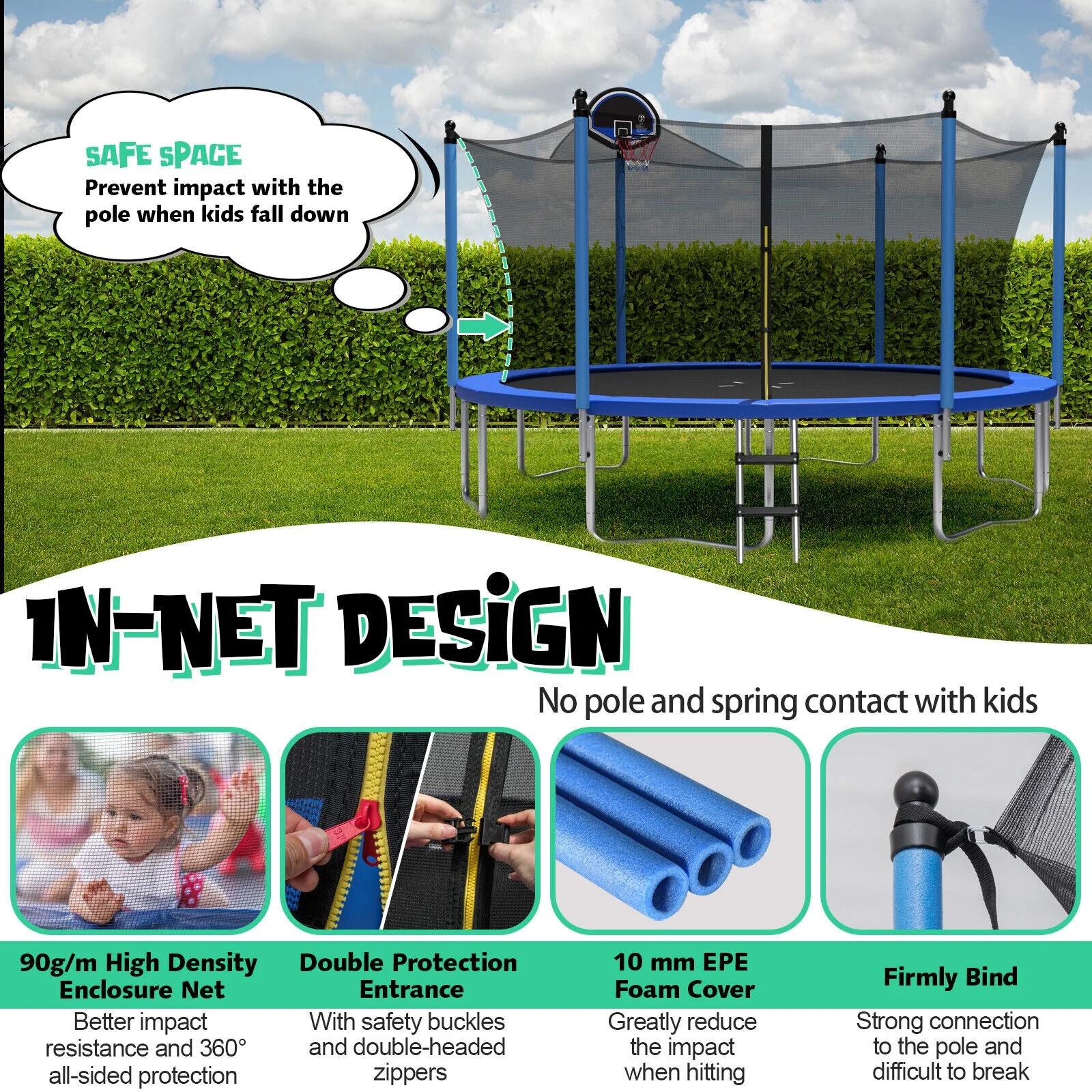 Outdoor Recreational Trampoline with Ladder and Enclosure Net-12 ft - Image 5