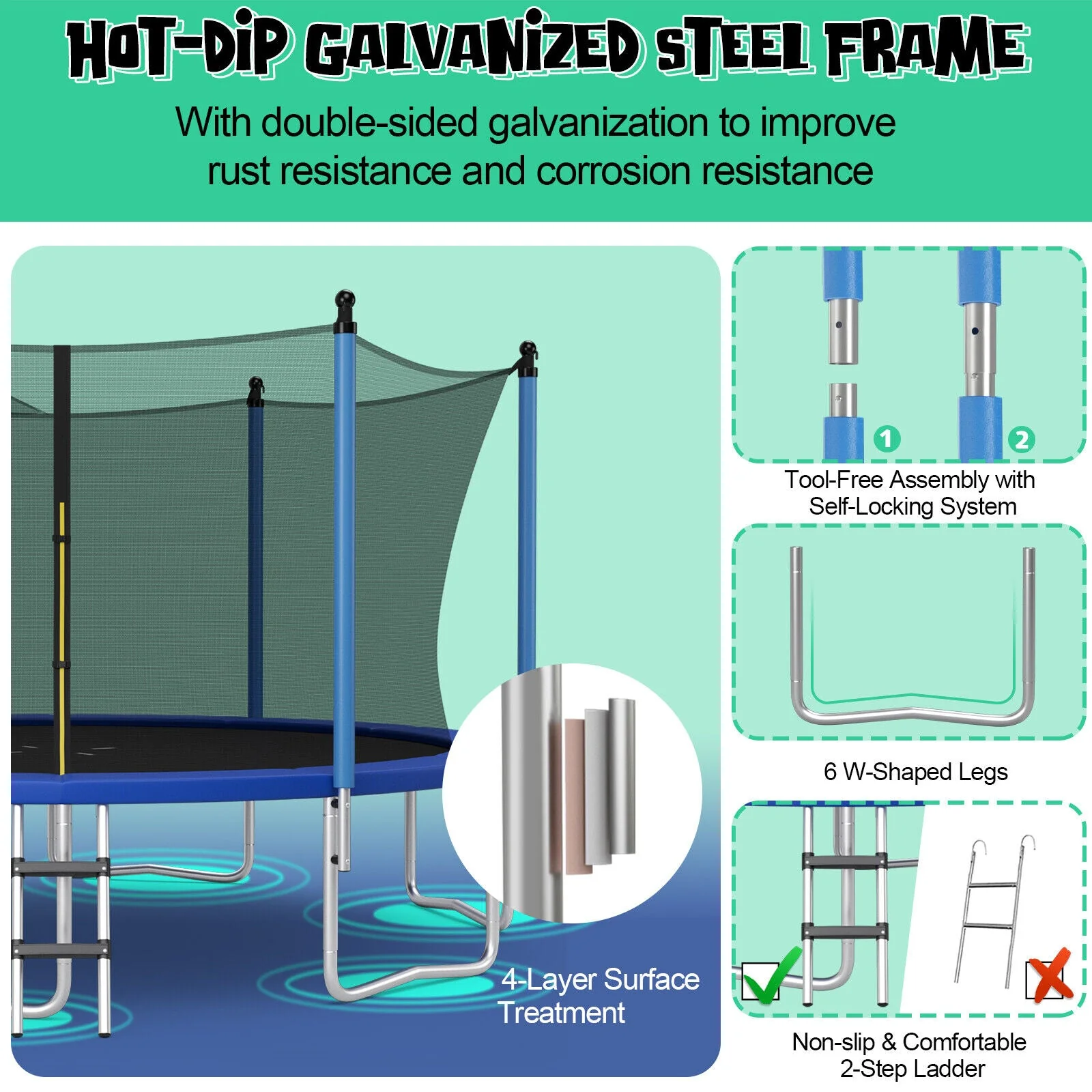 Outdoor Recreational Trampoline with Ladder and Enclosure Net-14 ft - Image 7