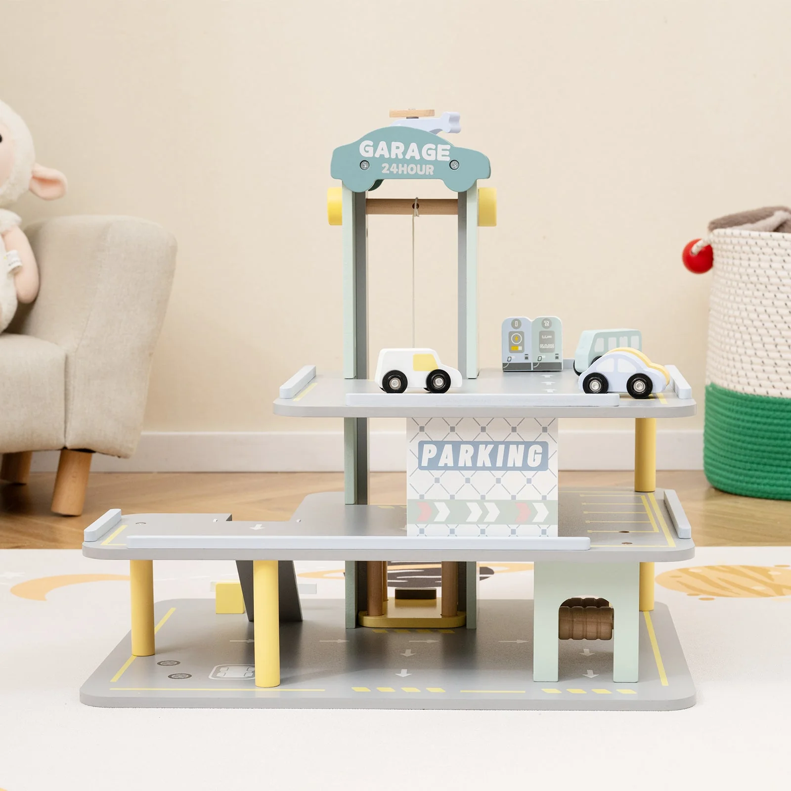 Parking Garage Playset with 4 Cars and Helicopter-Gray - Image 2