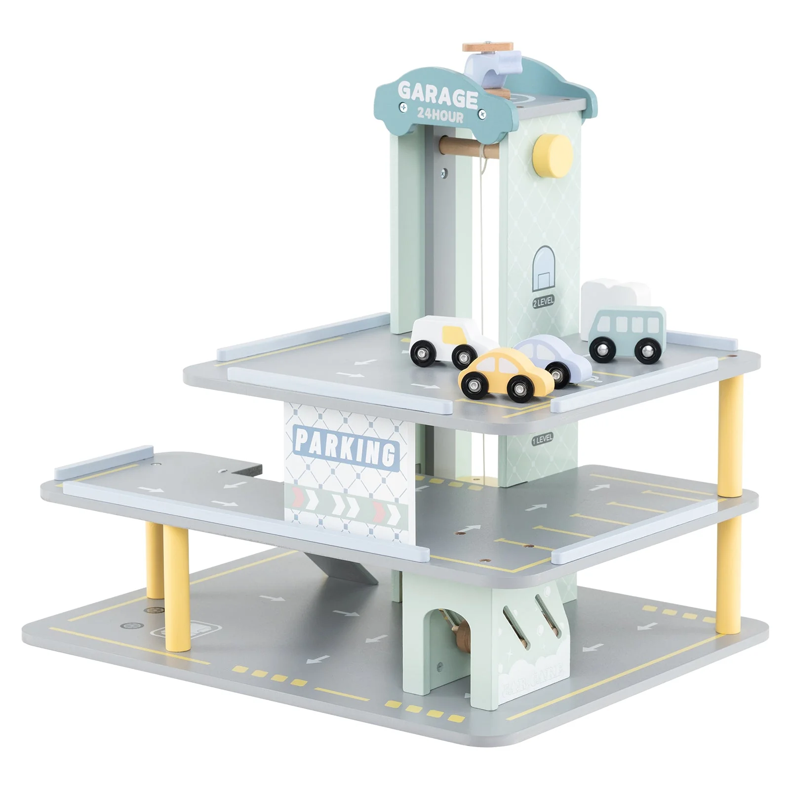 Parking Garage Playset with 4 Cars and Helicopter-Gray - Image 3
