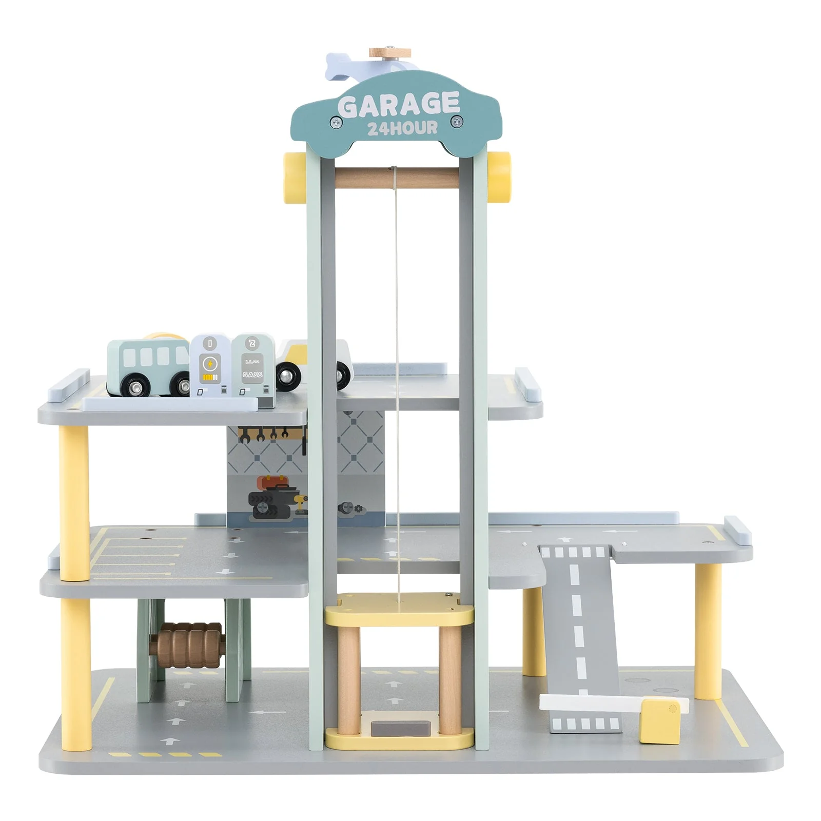 Parking Garage Playset with 4 Cars and Helicopter-Gray - Image 4