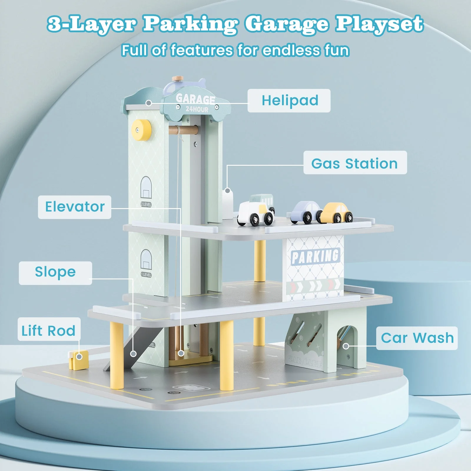Parking Garage Playset with 4 Cars and Helicopter-Gray - Image 6