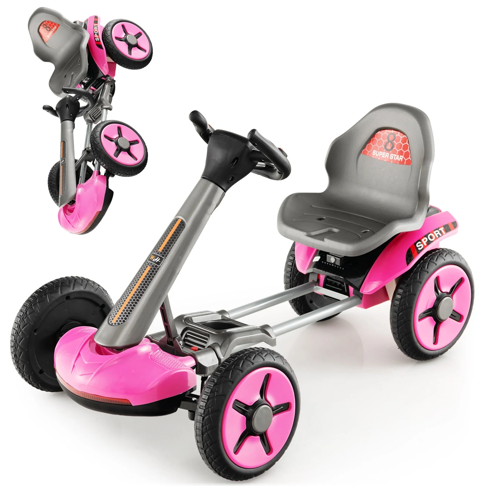 Pedal Powered 4-Wheel Toy Car with Adjustable Steering Wheel and Seat-Pink - Image 2