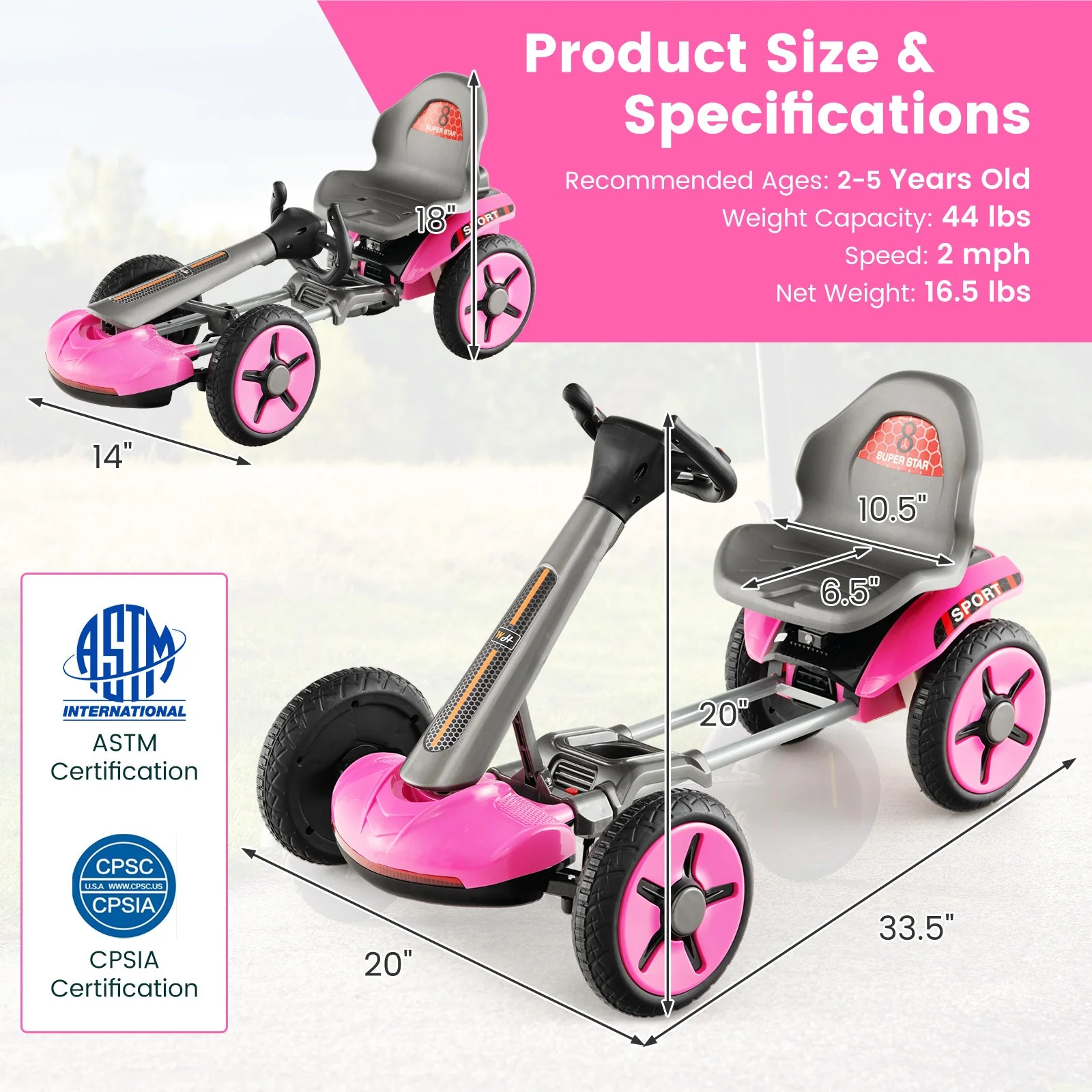 Pedal Powered 4-Wheel Toy Car with Adjustable Steering Wheel and Seat-Pink - Image 4