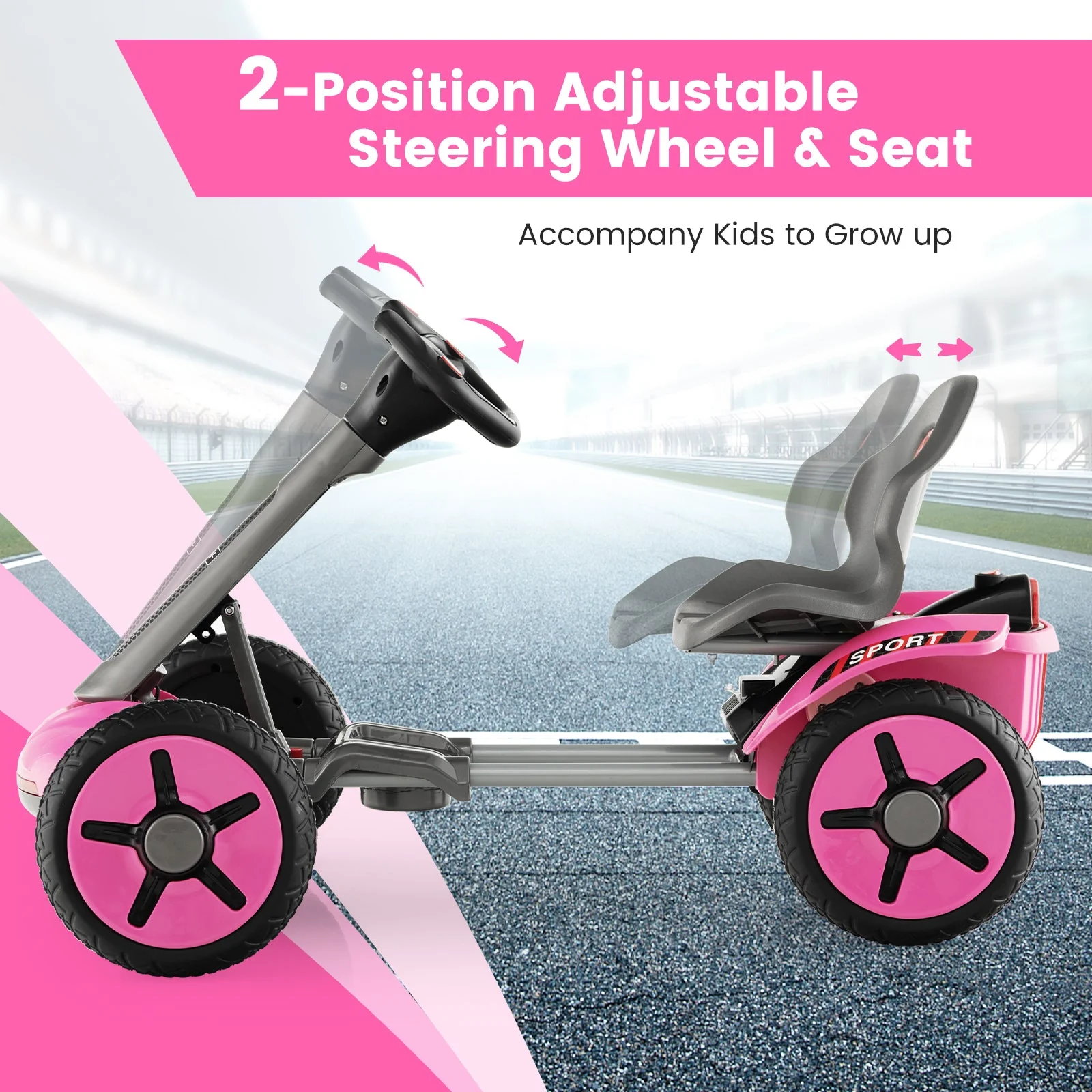 Pedal Powered 4-Wheel Toy Car with Adjustable Steering Wheel and Seat-Pink - Image 5