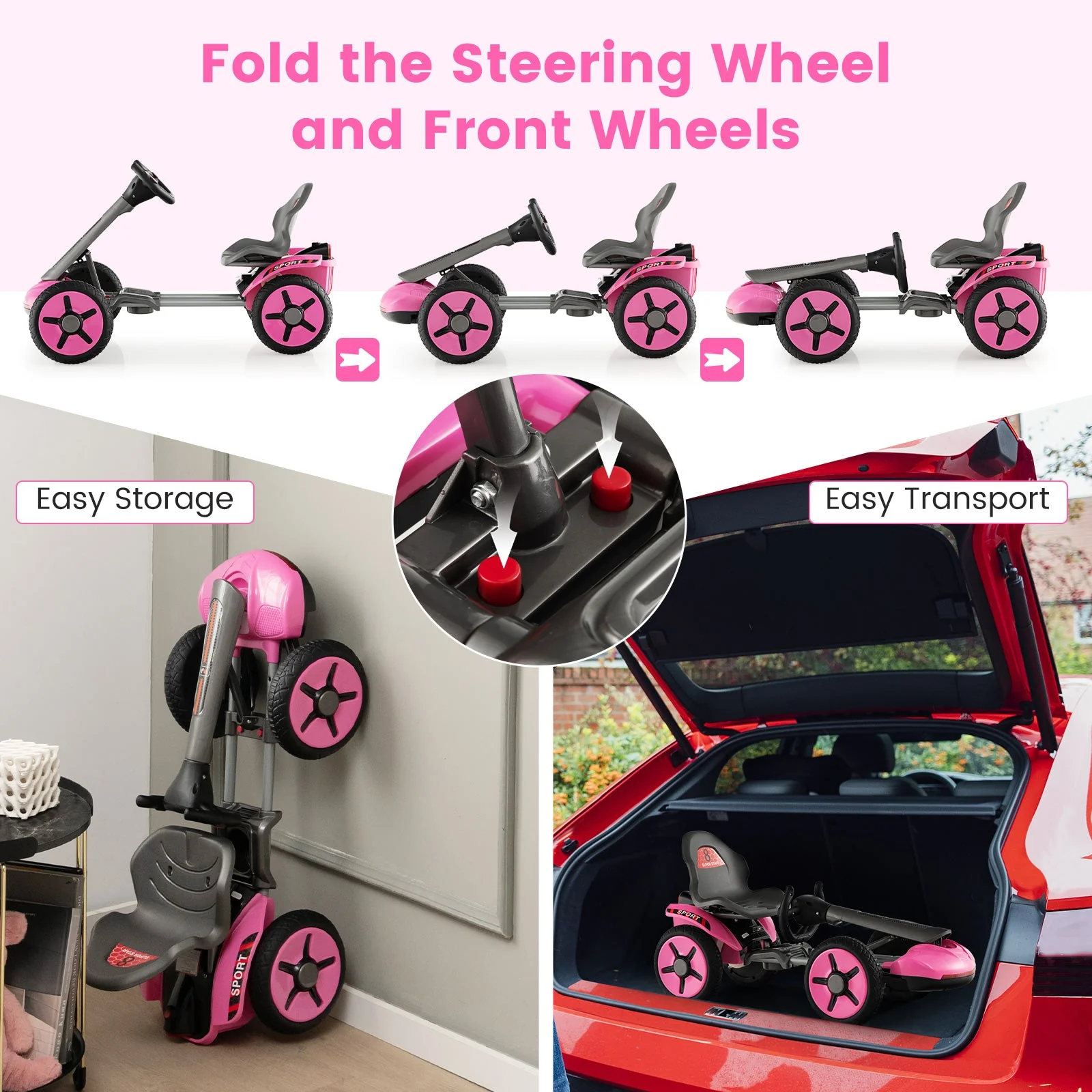Pedal Powered 4-Wheel Toy Car with Adjustable Steering Wheel and Seat-Pink - Image 6