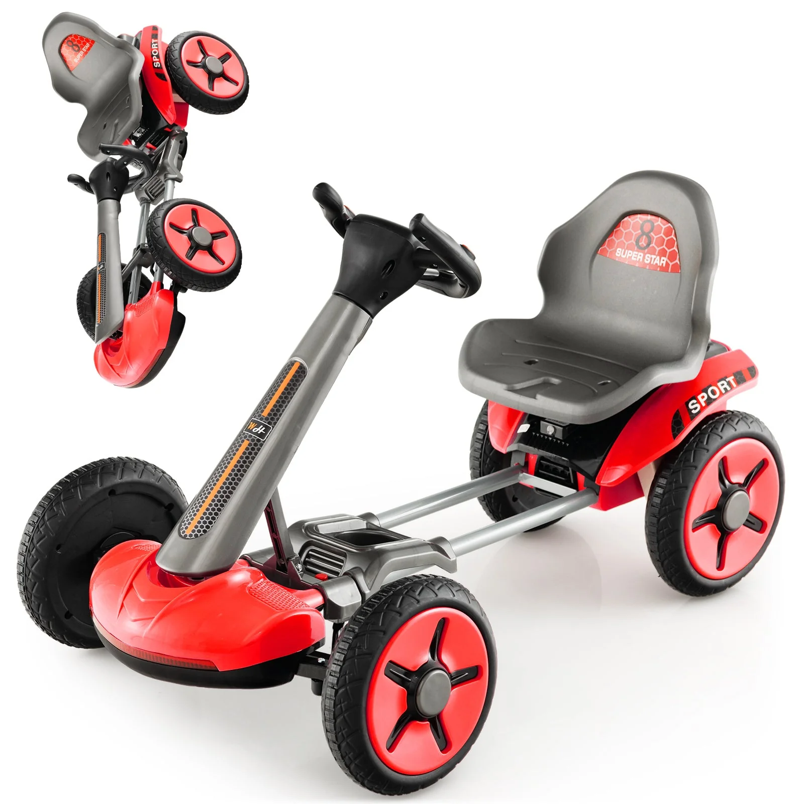 Pedal Powered 4-Wheel Toy Car with Adjustable Steering Wheel and Seat-Red - Image 2