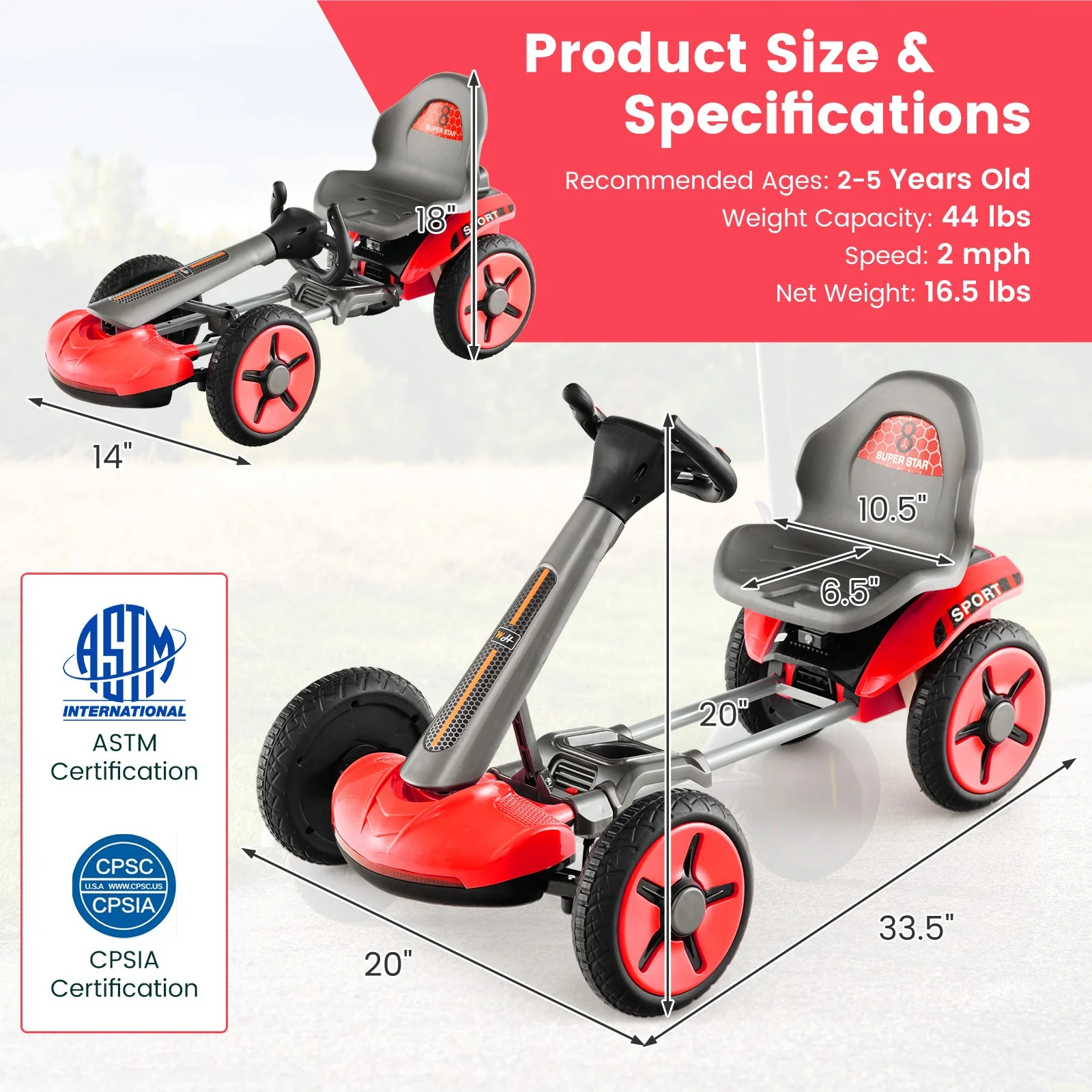 Pedal Powered 4-Wheel Toy Car with Adjustable Steering Wheel and Seat-Red - Image 4