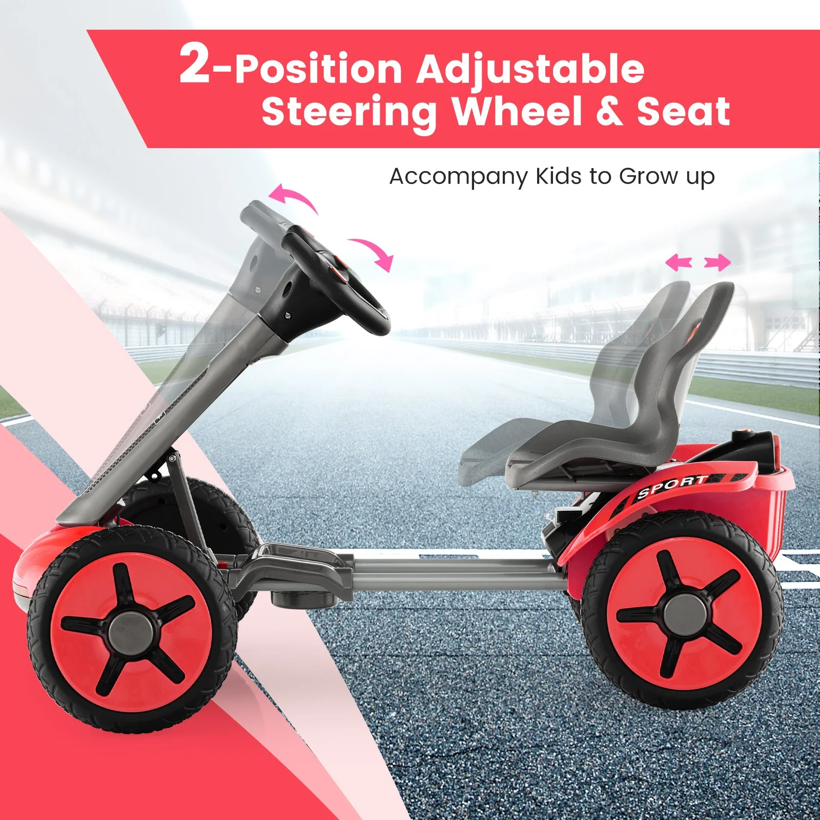 Pedal Powered 4-Wheel Toy Car with Adjustable Steering Wheel and Seat-Red - Image 5