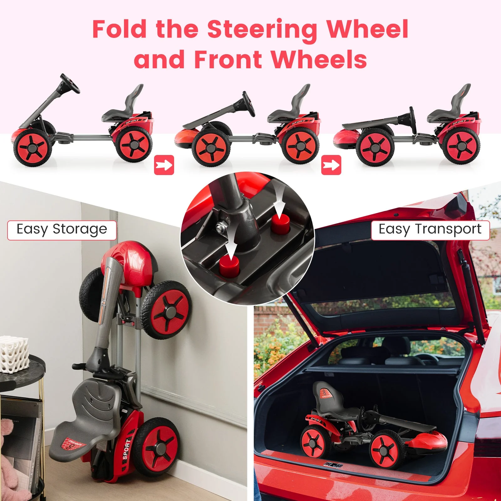 Pedal Powered 4-Wheel Toy Car with Adjustable Steering Wheel and Seat-Red - Image 6