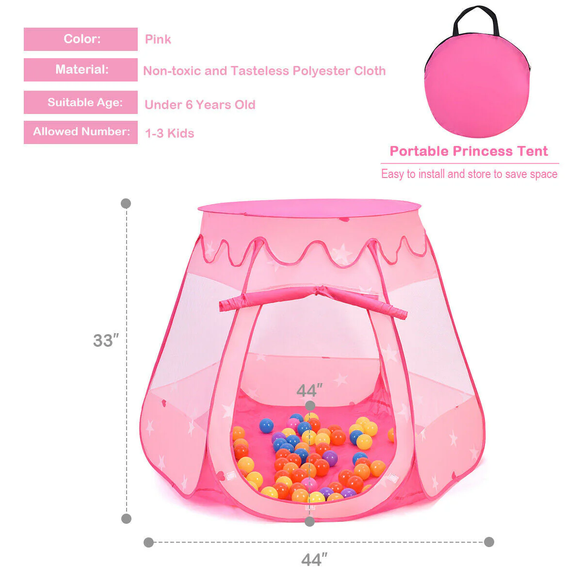 Pink Portable Kid Play House Play Tent with 100 Balls - Image 5