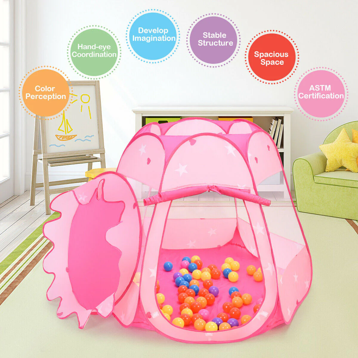 Pink Portable Kid Play House Play Tent with 100 Balls - Image 7
