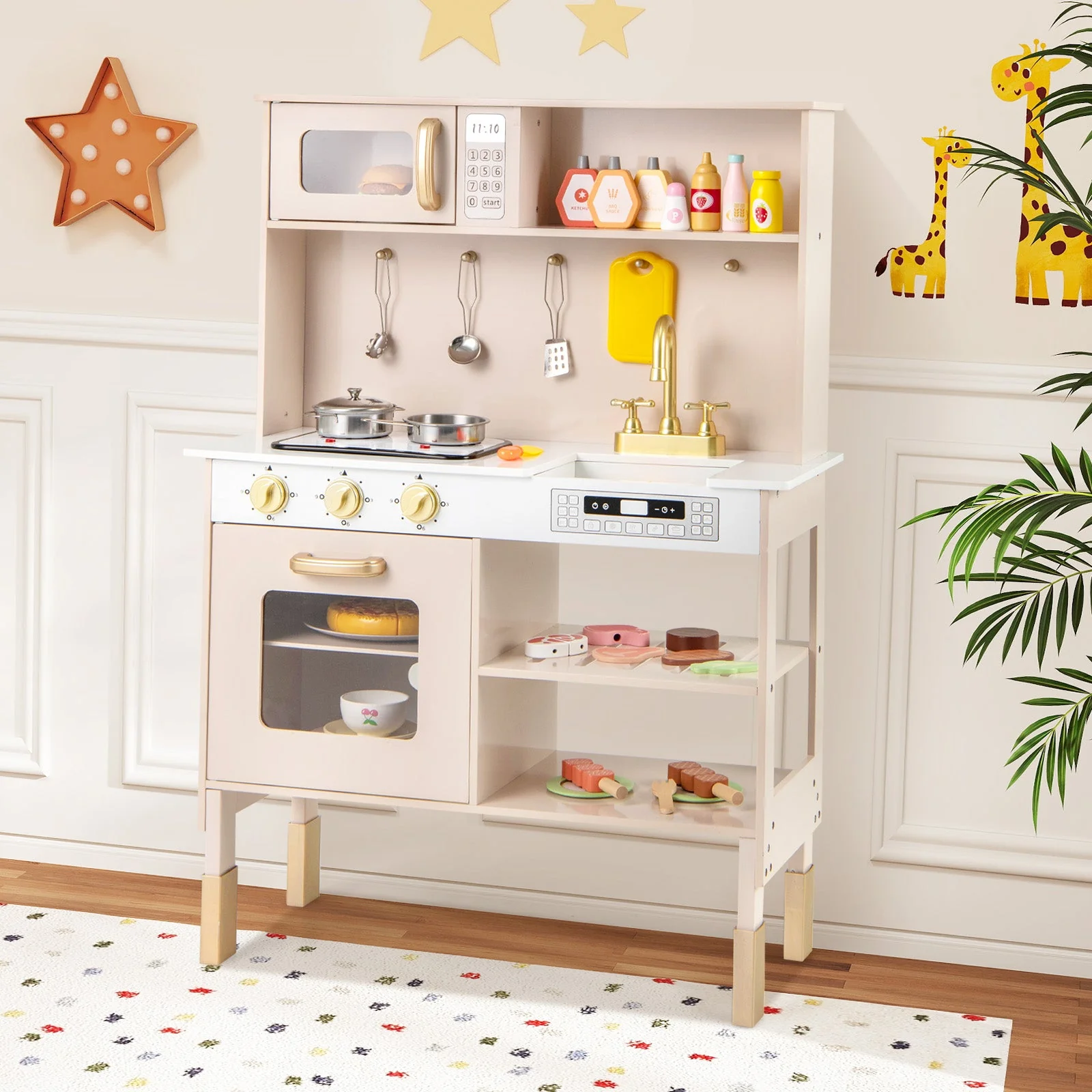 Play Kitchen Height Adjustable with Microwave and Lights and Sounds-Pink - Image 2