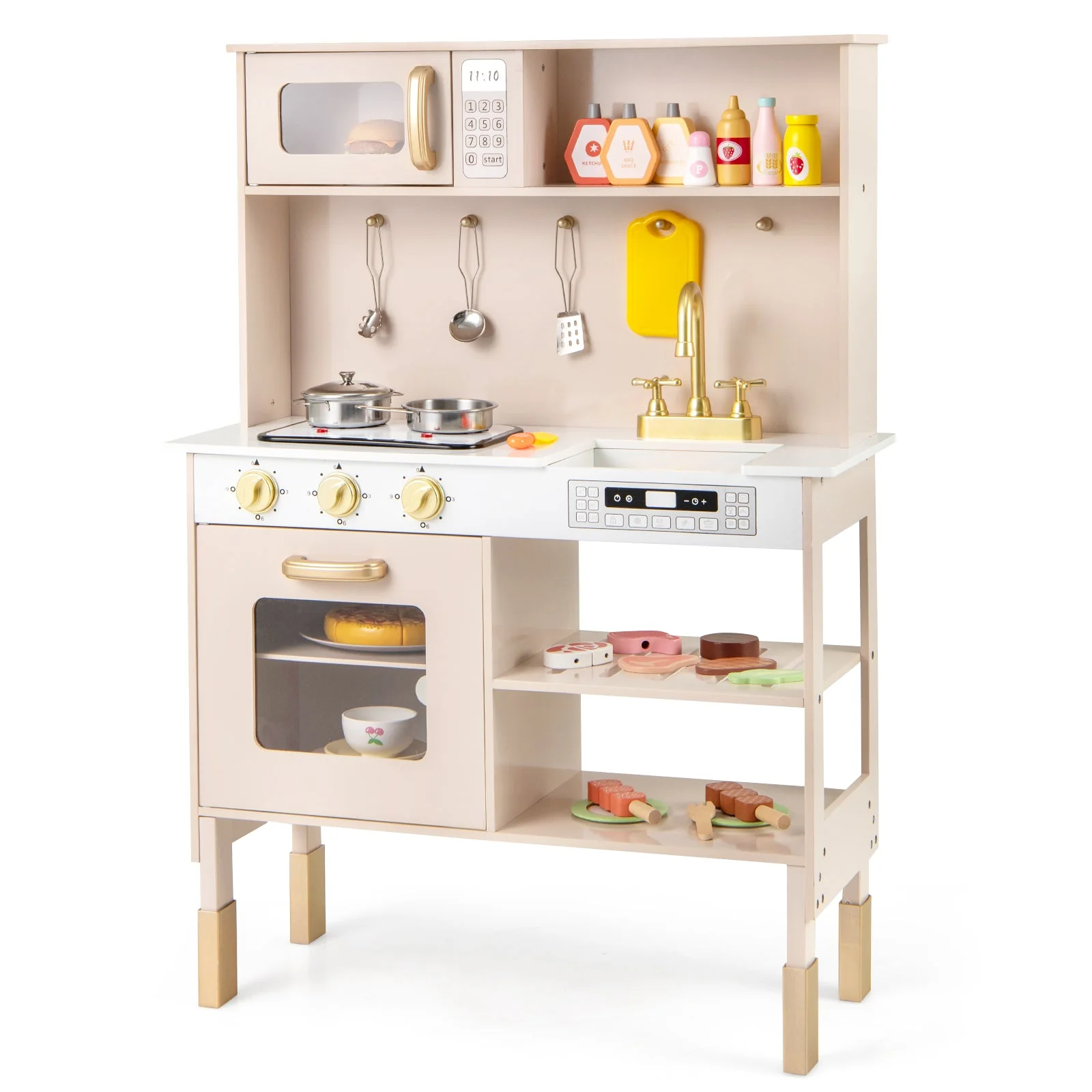 Play Kitchen Height Adjustable with Microwave and Lights and Sounds-Pink - Image 3