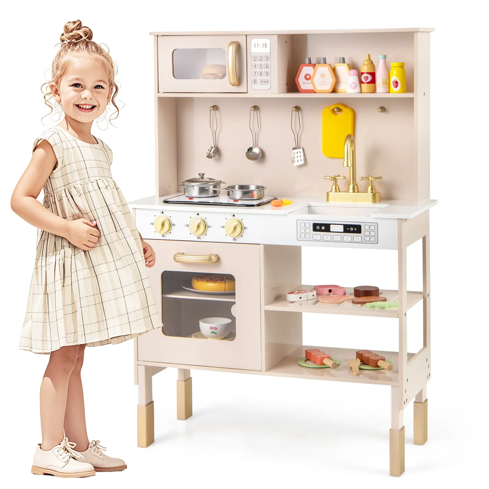 Play Kitchen Height Adjustable with Microwave and Lights and Sounds-Pink - Image 4