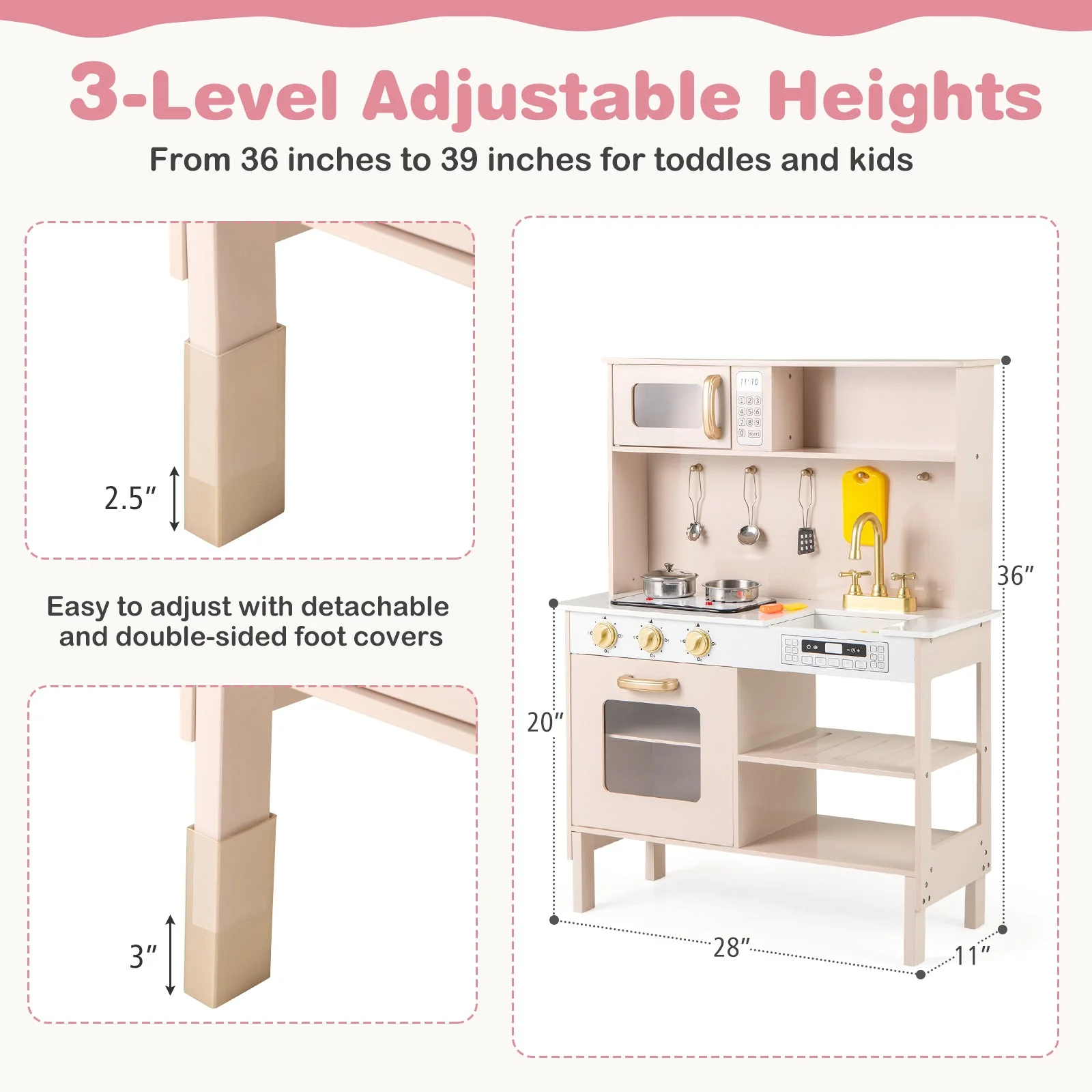 Play Kitchen Height Adjustable with Microwave and Lights and Sounds-Pink - Image 5