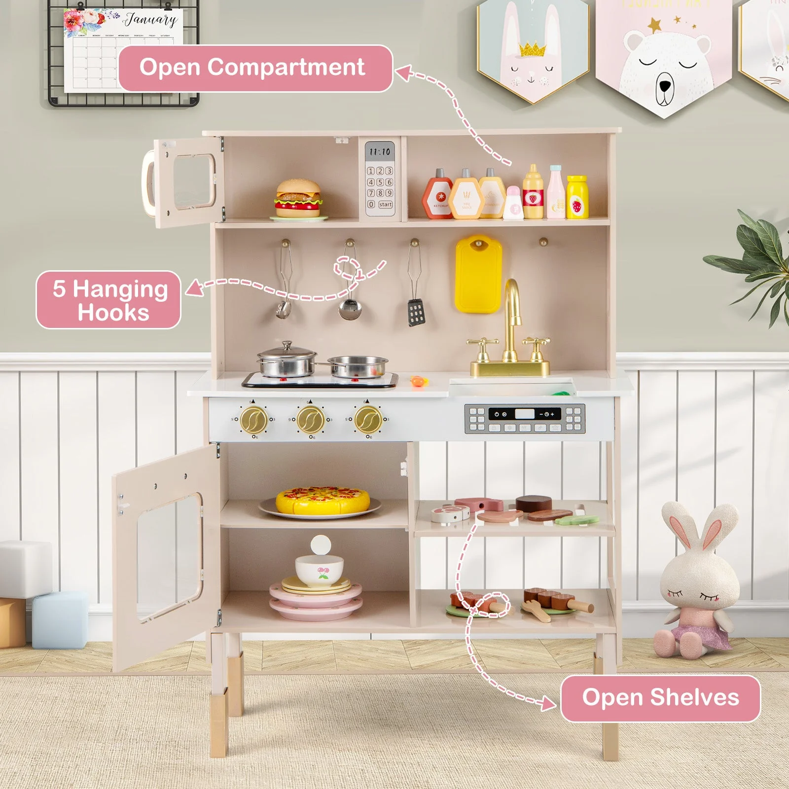 Play Kitchen Height Adjustable with Microwave and Lights and Sounds-Pink - Image 6