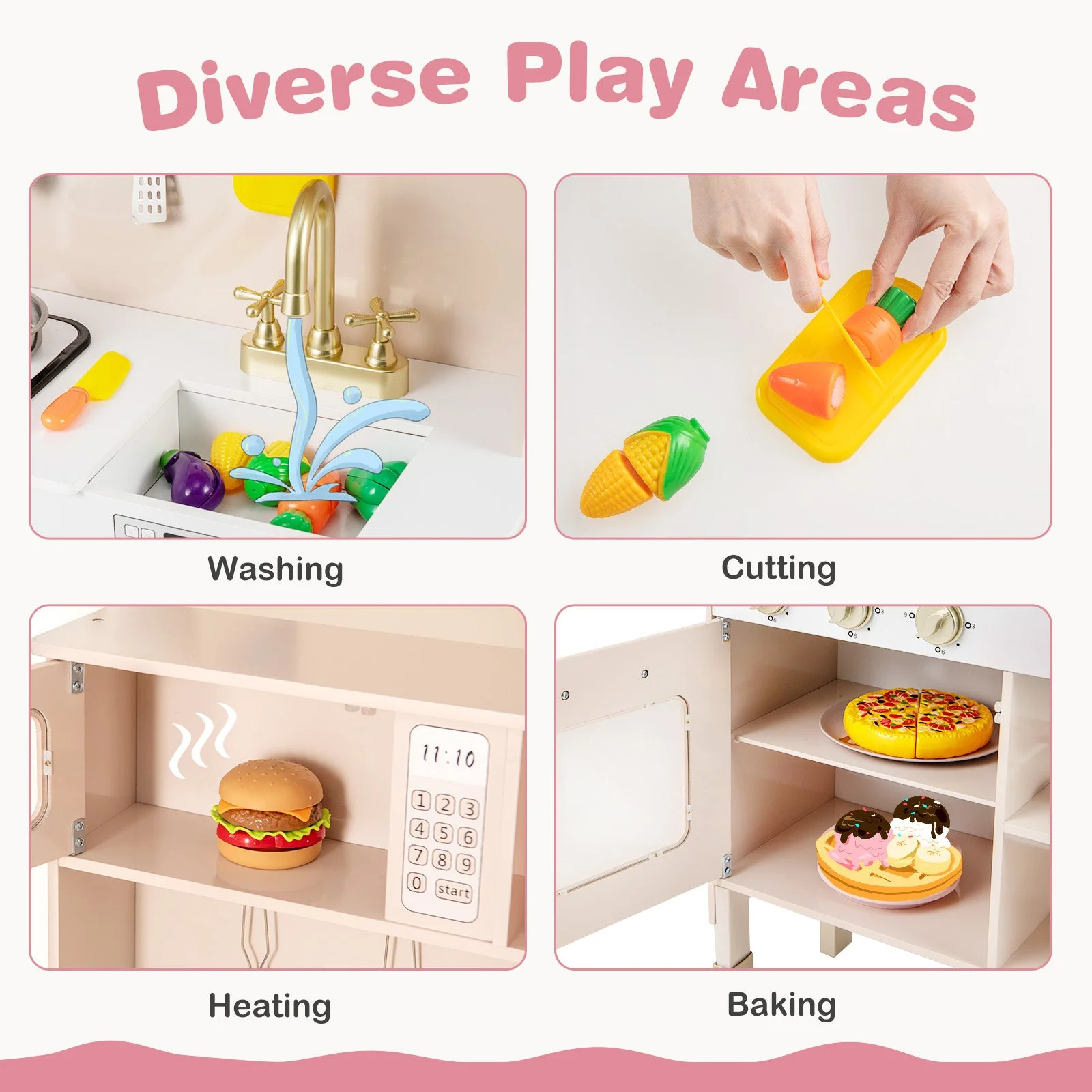Play Kitchen Height Adjustable with Microwave and Lights and Sounds-Pink - Image 8