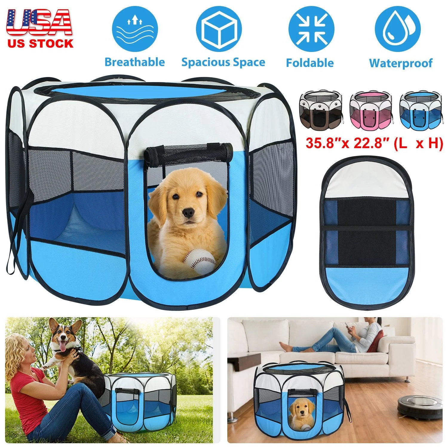 Portable Foldable Pet Tent Exercise Pen Kennel Removable Zipper Top and Bottom Water Resistant Indoor Outdoor Use For Dogs Cats Other Pets - Image 5