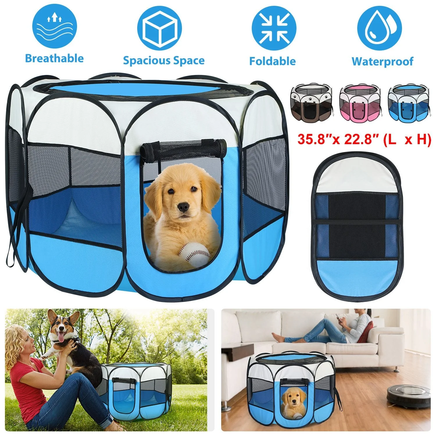 Portable Foldable Pet Tent Exercise Pen Kennel Removable Zipper Top and Bottom Water Resistant Indoor Outdoor Use For Dogs Cats Other Pets - Image 5