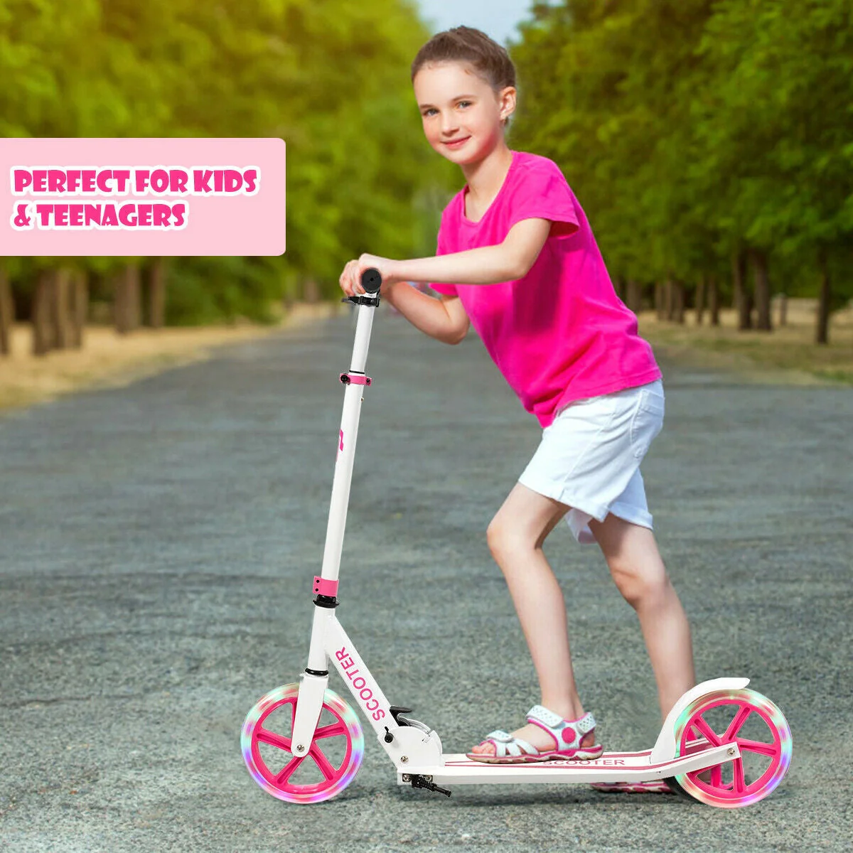 Portable Folding Sports Kick Scooter with LED Wheels-Pink - Image 2