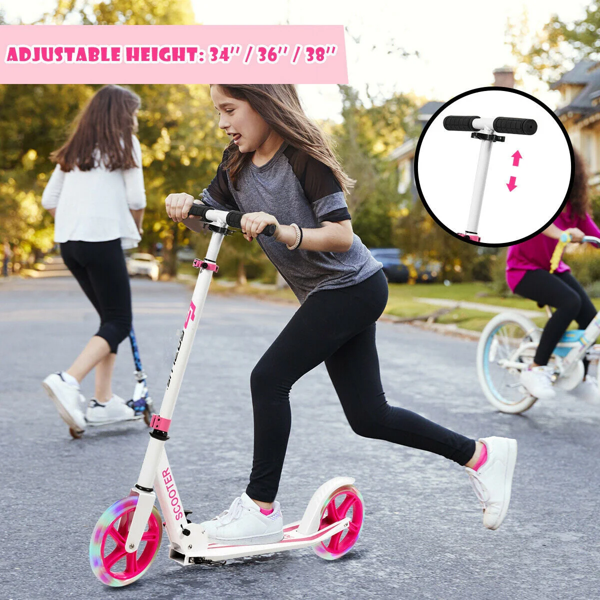 Portable Folding Sports Kick Scooter with LED Wheels-Pink - Image 7