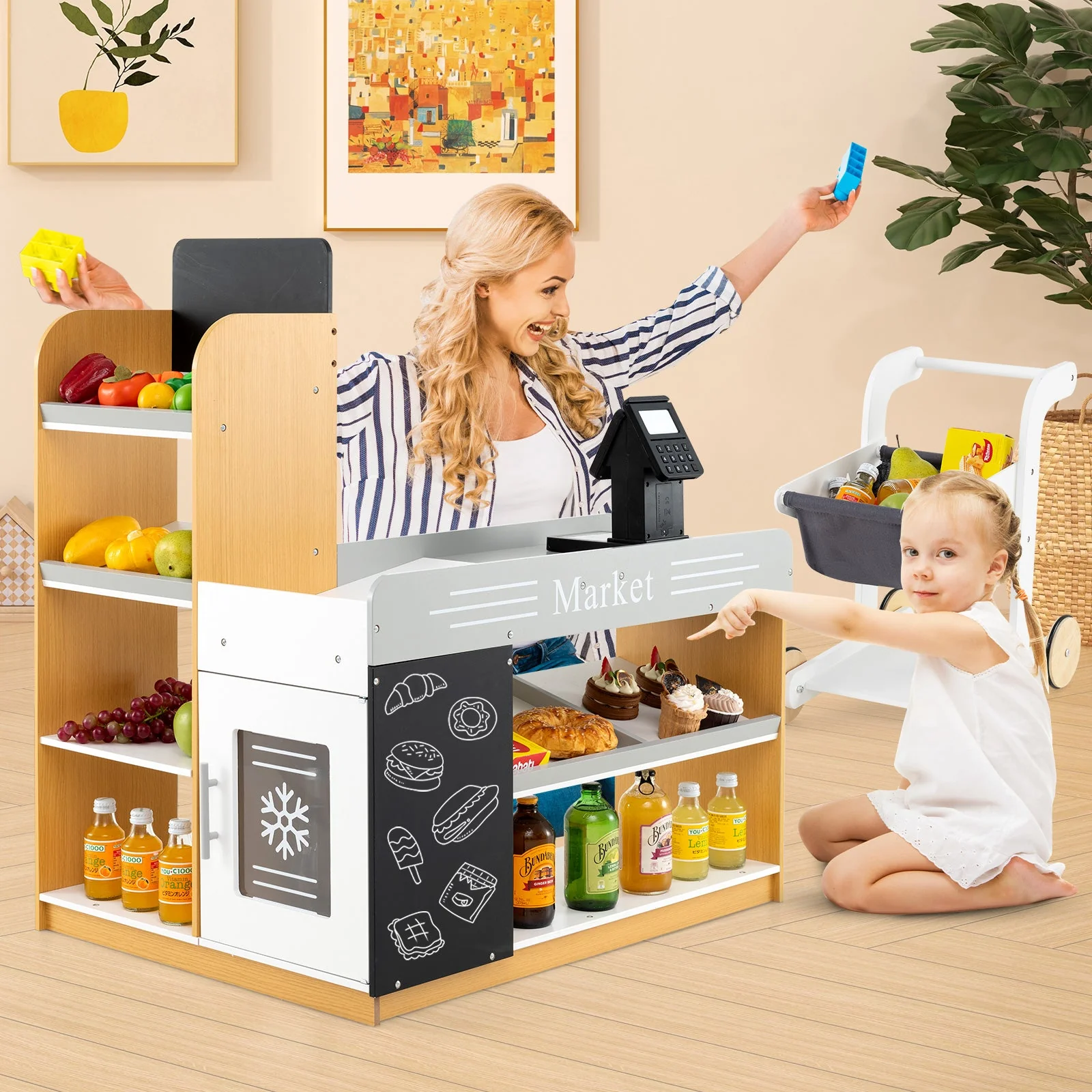 Pretend Play Grocery Store Set with Shopping Cart and 2 Chalkboards-White - Image 2