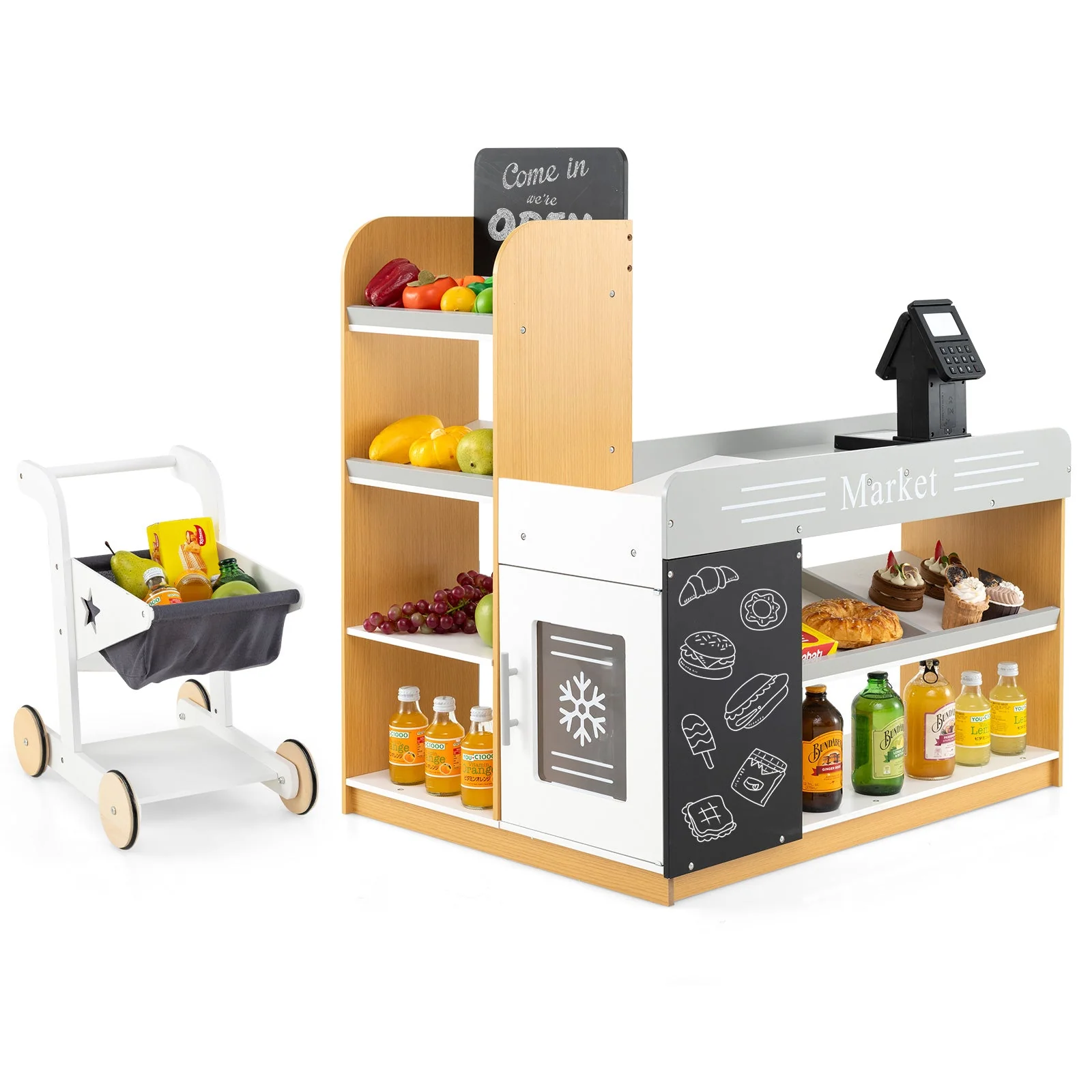 Pretend Play Grocery Store Set with Shopping Cart and 2 Chalkboards-White - Image 3