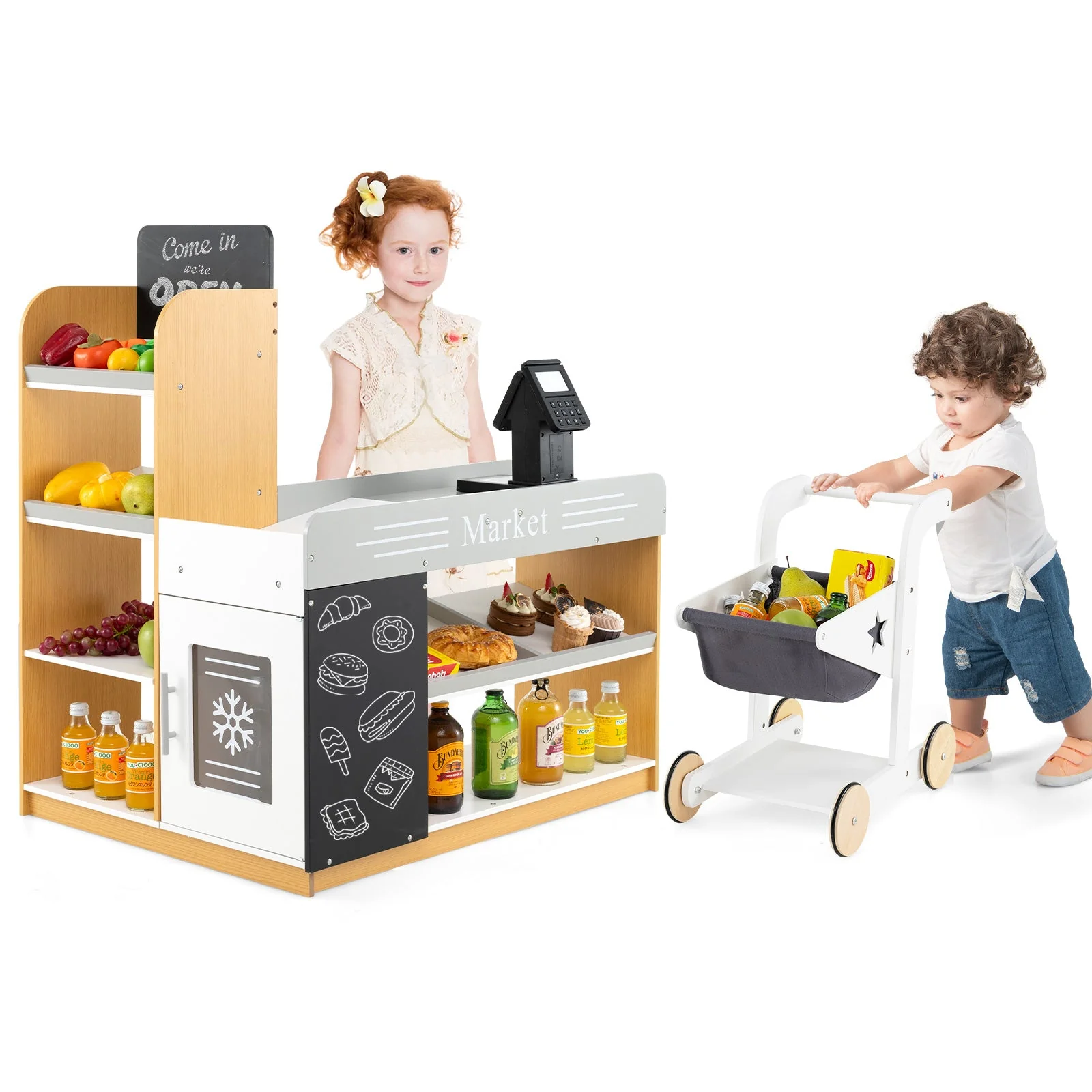 Pretend Play Grocery Store Set with Shopping Cart and 2 Chalkboards-White - Image 4