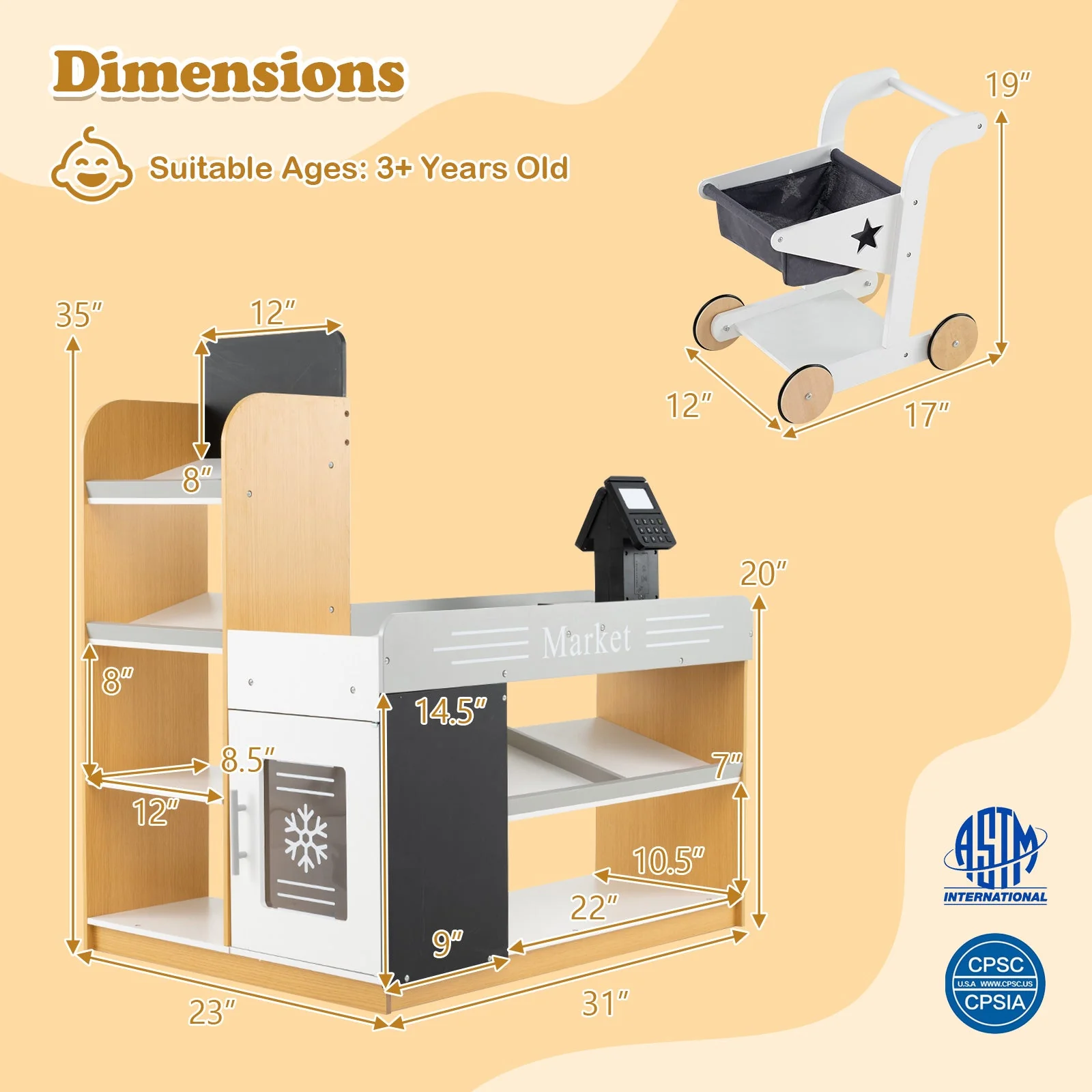 Pretend Play Grocery Store Set with Shopping Cart and 2 Chalkboards-White - Image 5