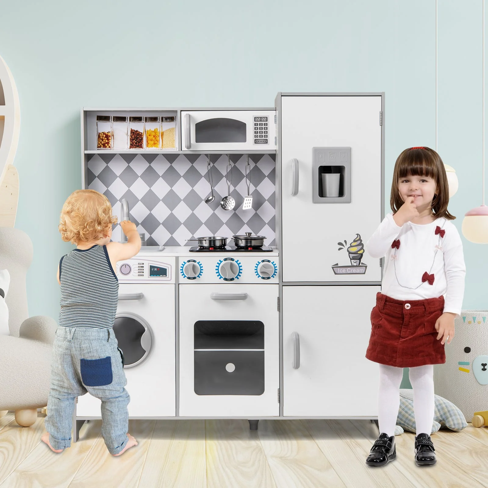 Pretend Play Kitchen for Kids Aged 3+ with Real Sounds and Lights-White - Image 2