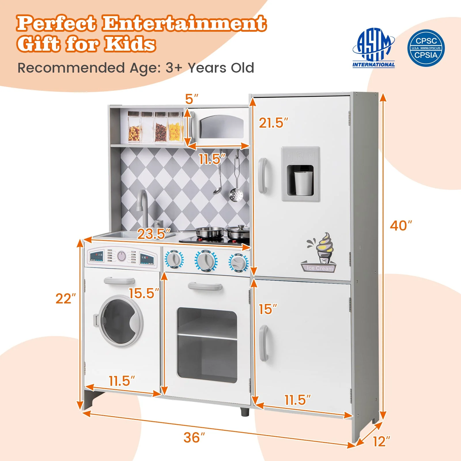 Pretend Play Kitchen for Kids Aged 3+ with Real Sounds and Lights-White - Image 5