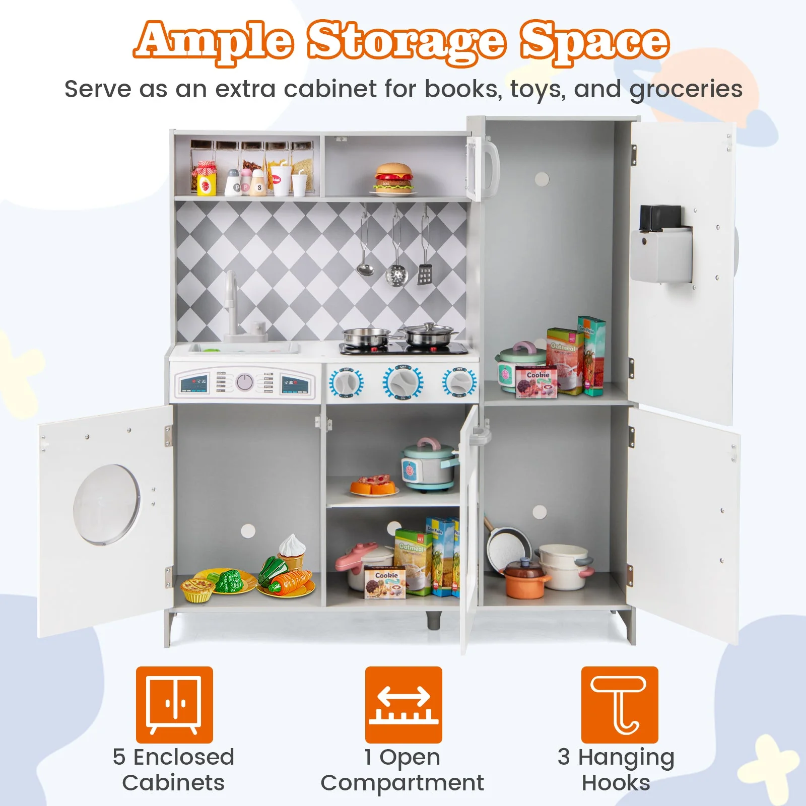 Pretend Play Kitchen for Kids Aged 3+ with Real Sounds and Lights-White - Image 7