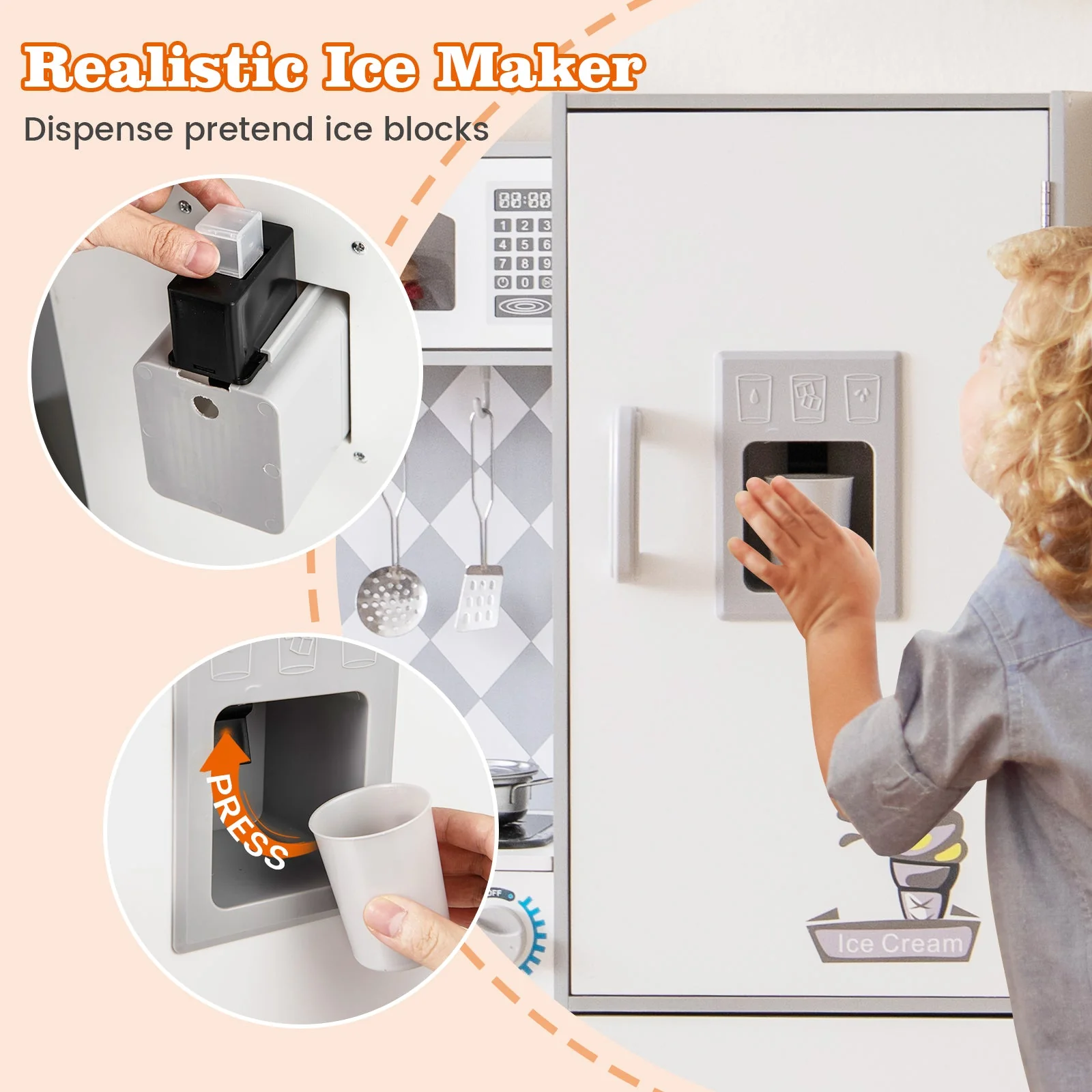 Pretend Play Kitchen for Kids Aged 3+ with Real Sounds and Lights-White - Image 8