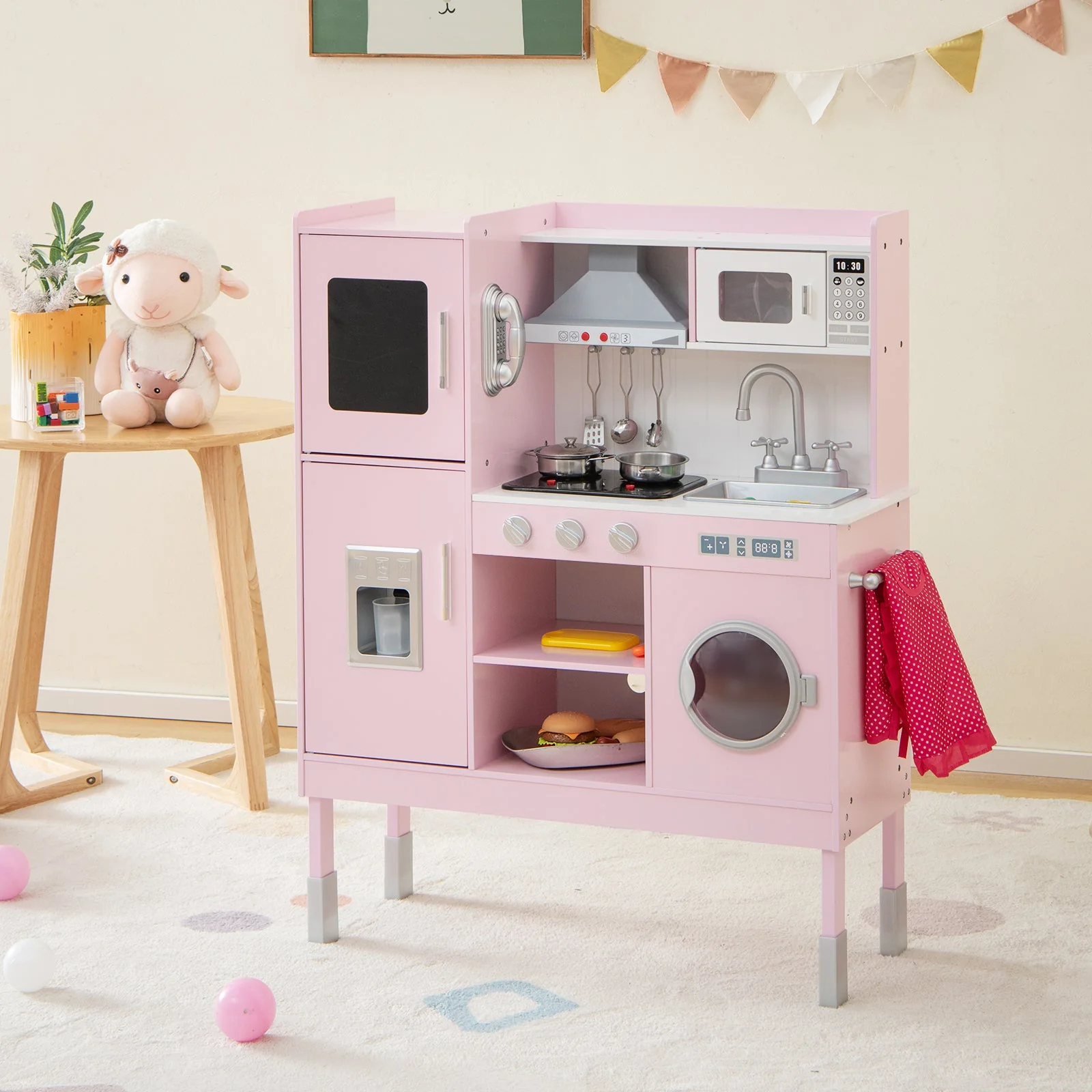 Pretend Play Kitchen for Kids with 16 Pieces Accessories-Pink - Image 2