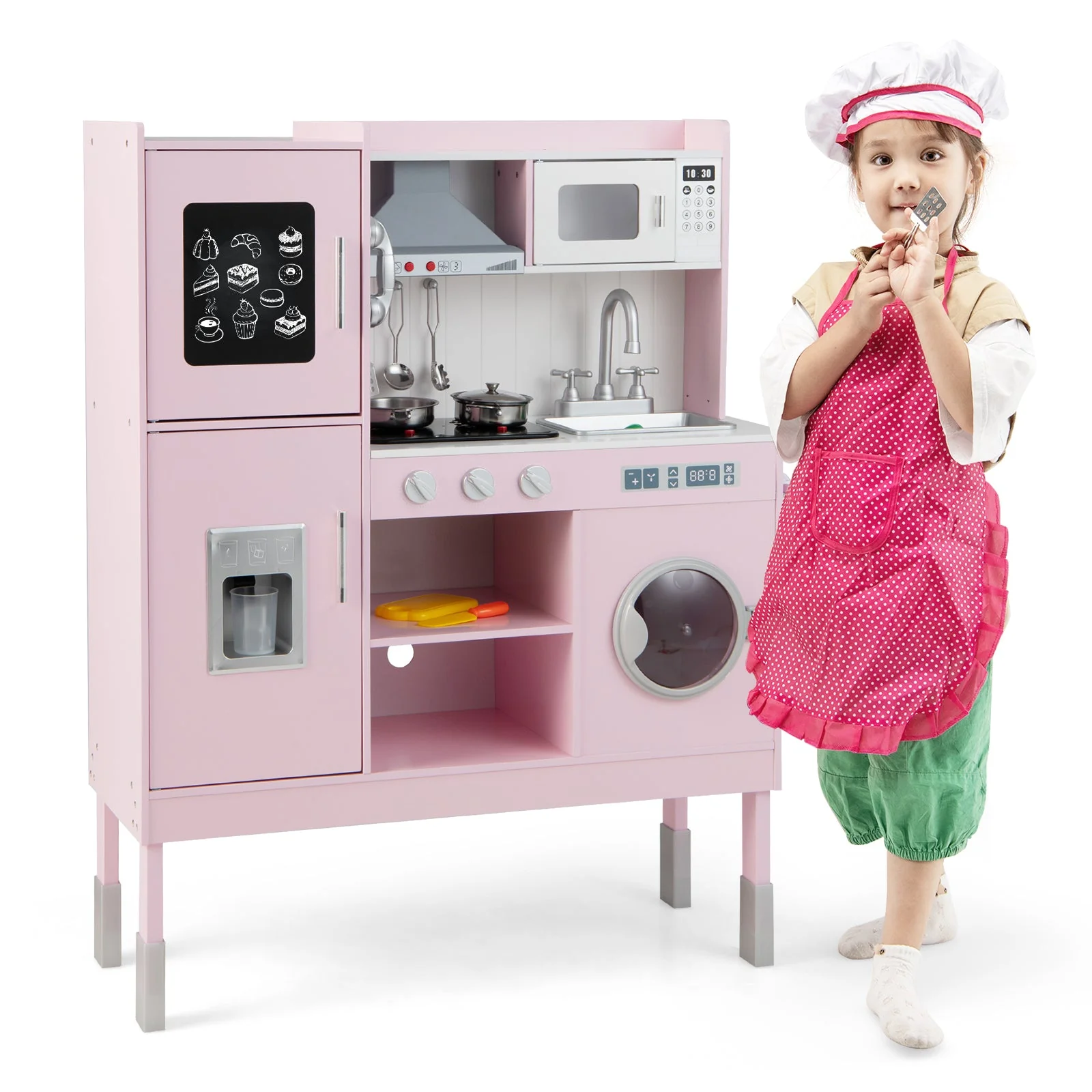 Pretend Play Kitchen for Kids with 16 Pieces Accessories-Pink - Image 4