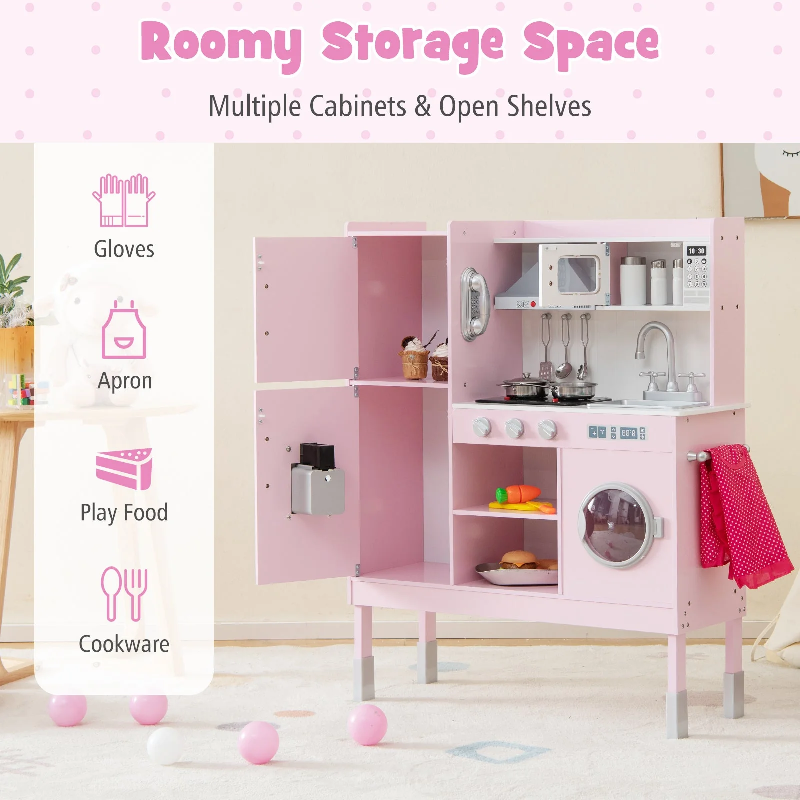 Pretend Play Kitchen for Kids with 16 Pieces Accessories-Pink - Image 6