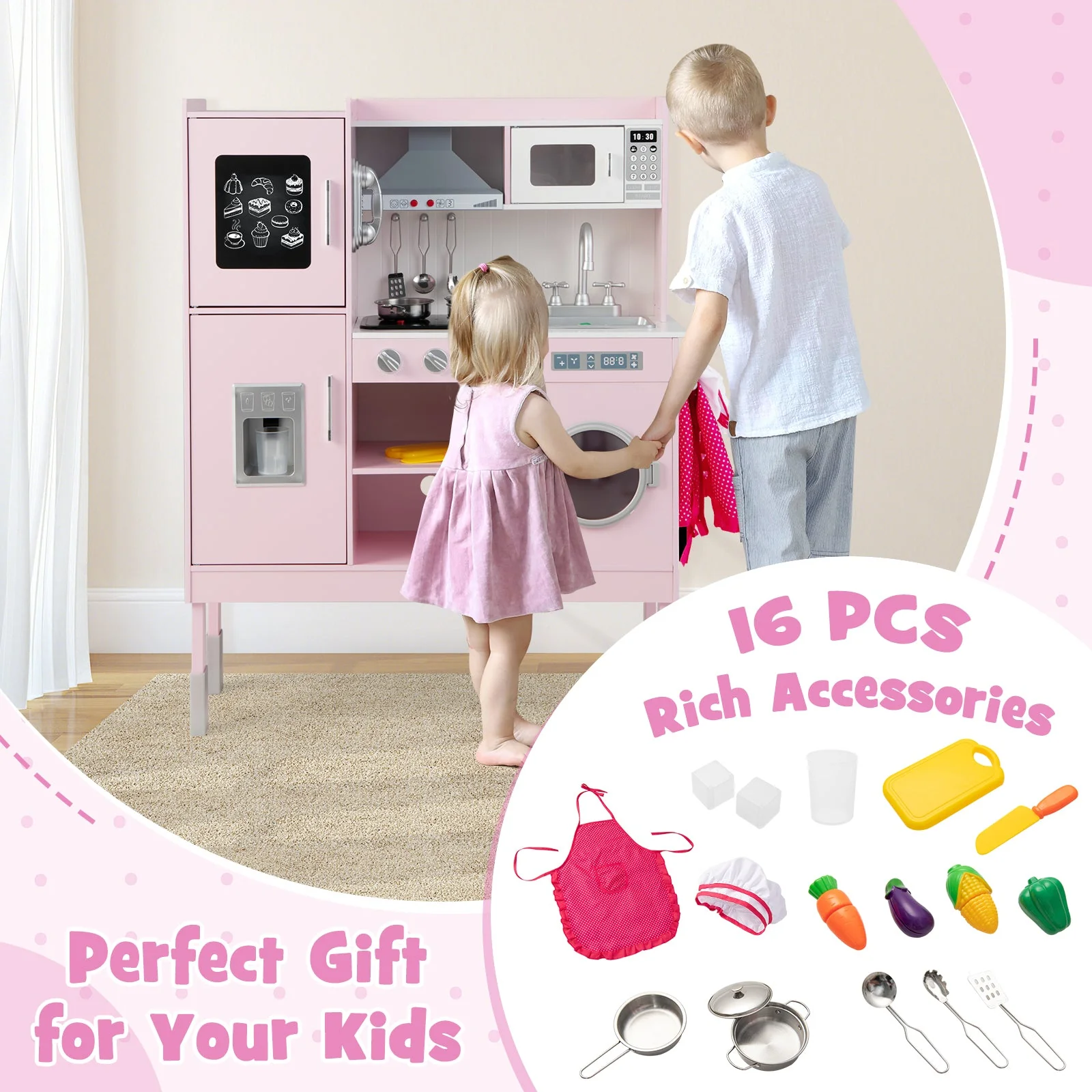 Pretend Play Kitchen for Kids with 16 Pieces Accessories-Pink - Image 7