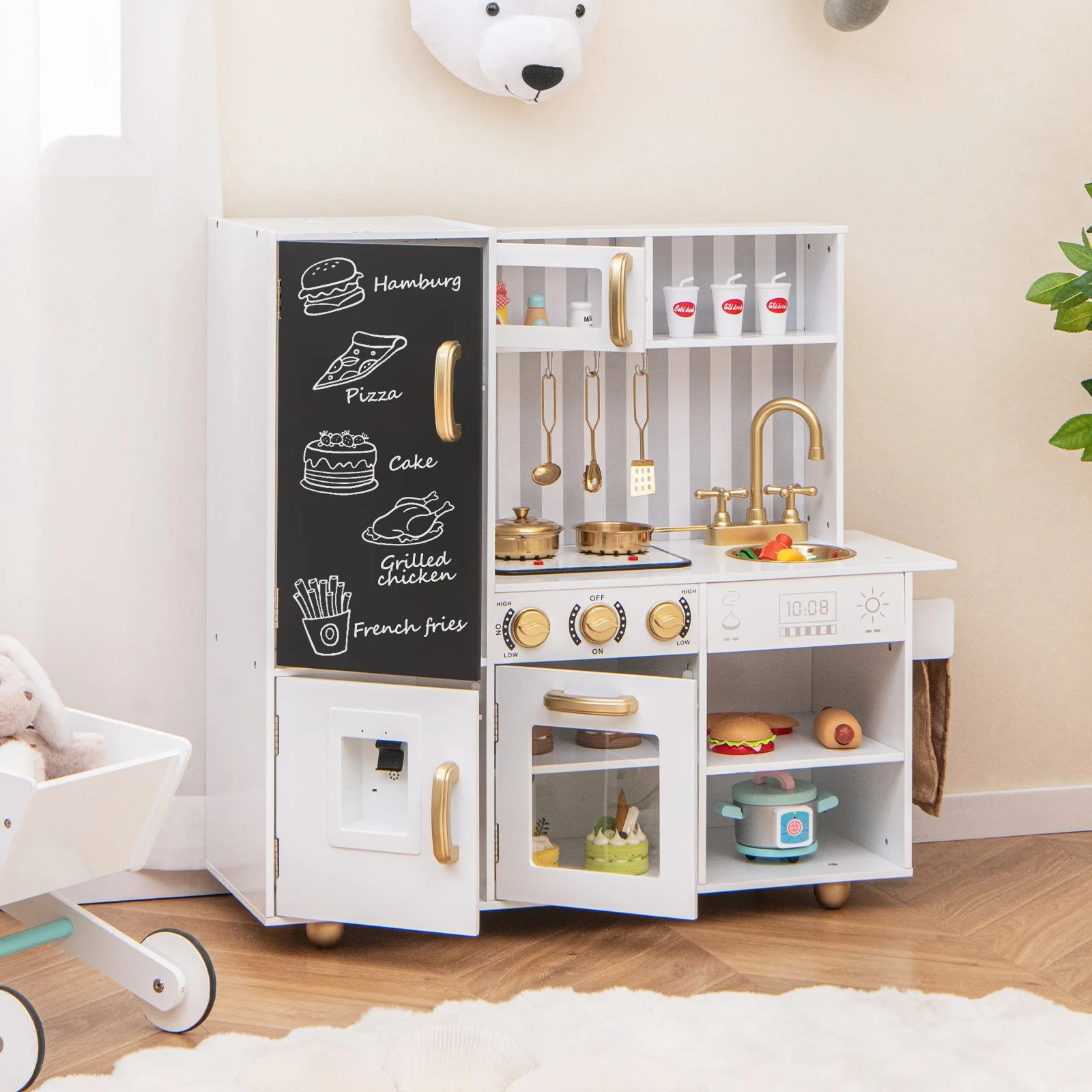 Pretend Play Kitchen for Kids with Real Sounds and Lights-White - Image 2