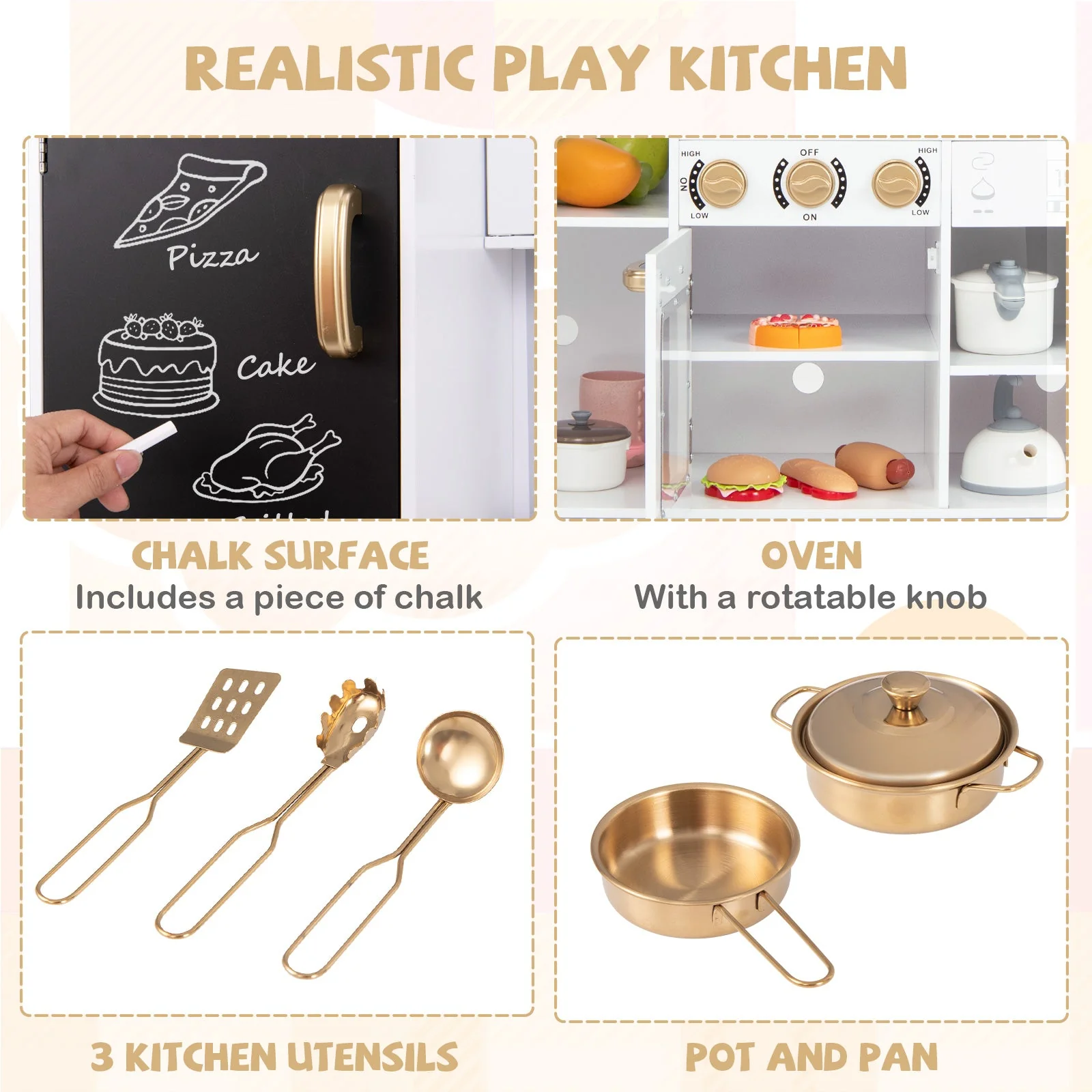 Pretend Play Kitchen for Kids with Real Sounds and Lights-White - Image 6