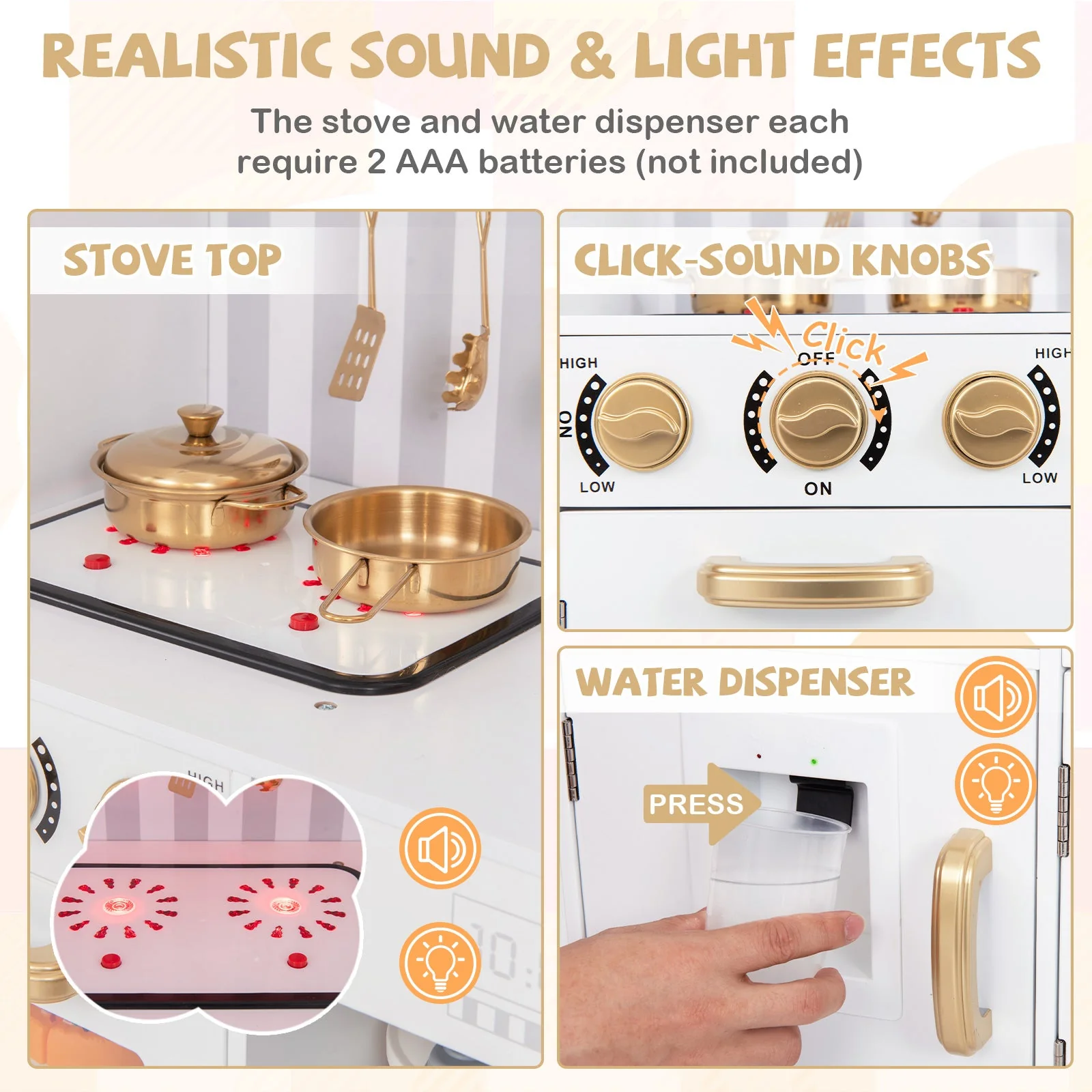 Pretend Play Kitchen for Kids with Real Sounds and Lights-White - Image 7